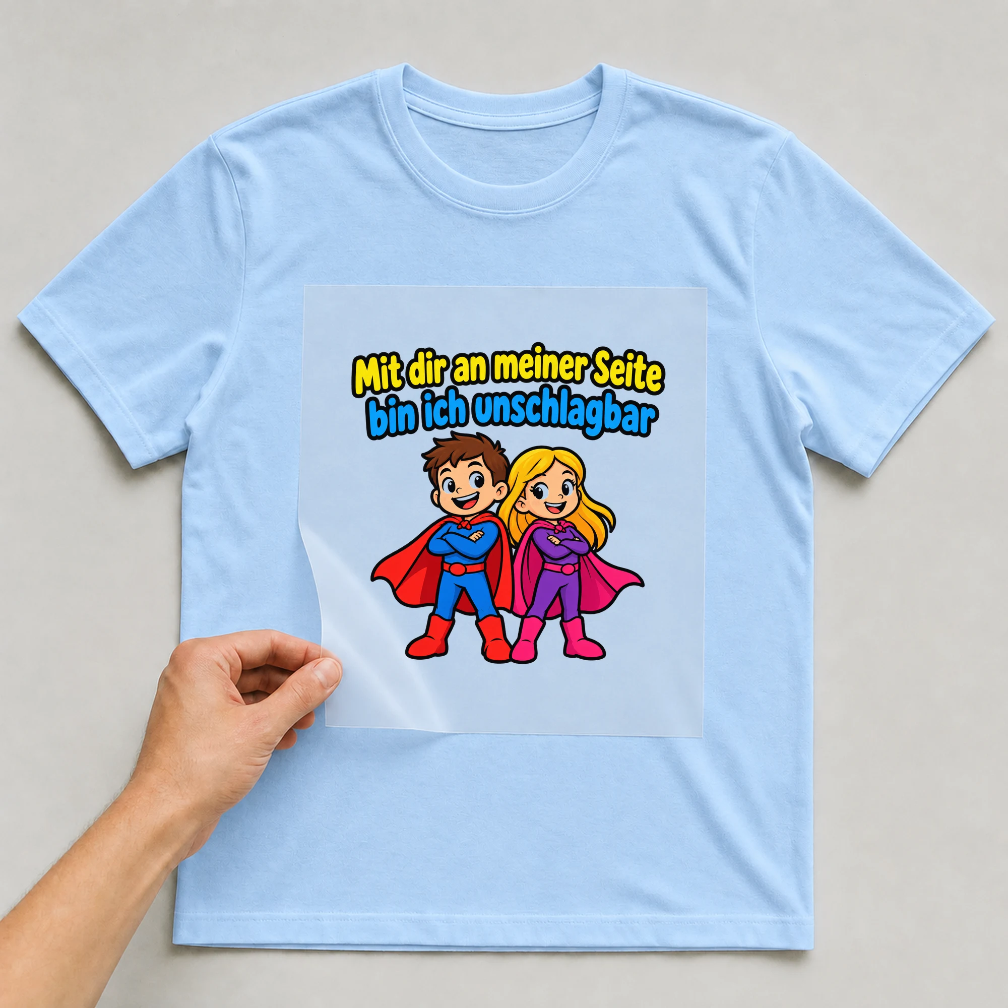 Bügelbild „Mit dir an meiner Seite bin ich unschlagbar“ auf babyblauem T-Shirt, Folie wird aufgelegt