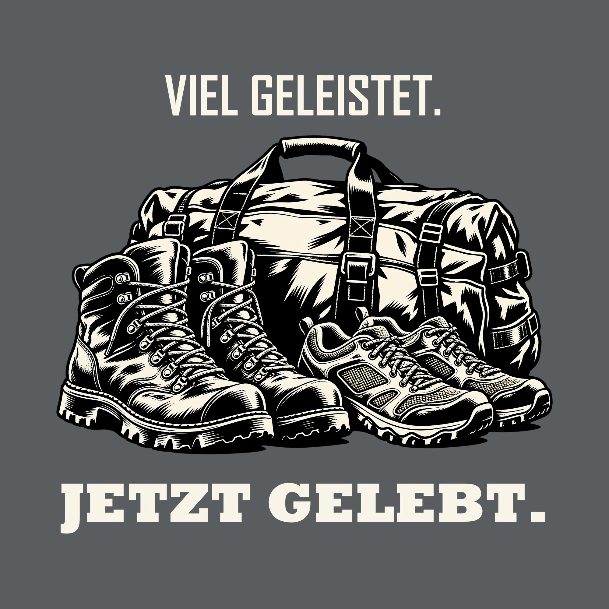 Bügelbild VIEL GELEISTET. JETZT GELEBT. als Grafik auf dunklem Hintergrund (BB011542)