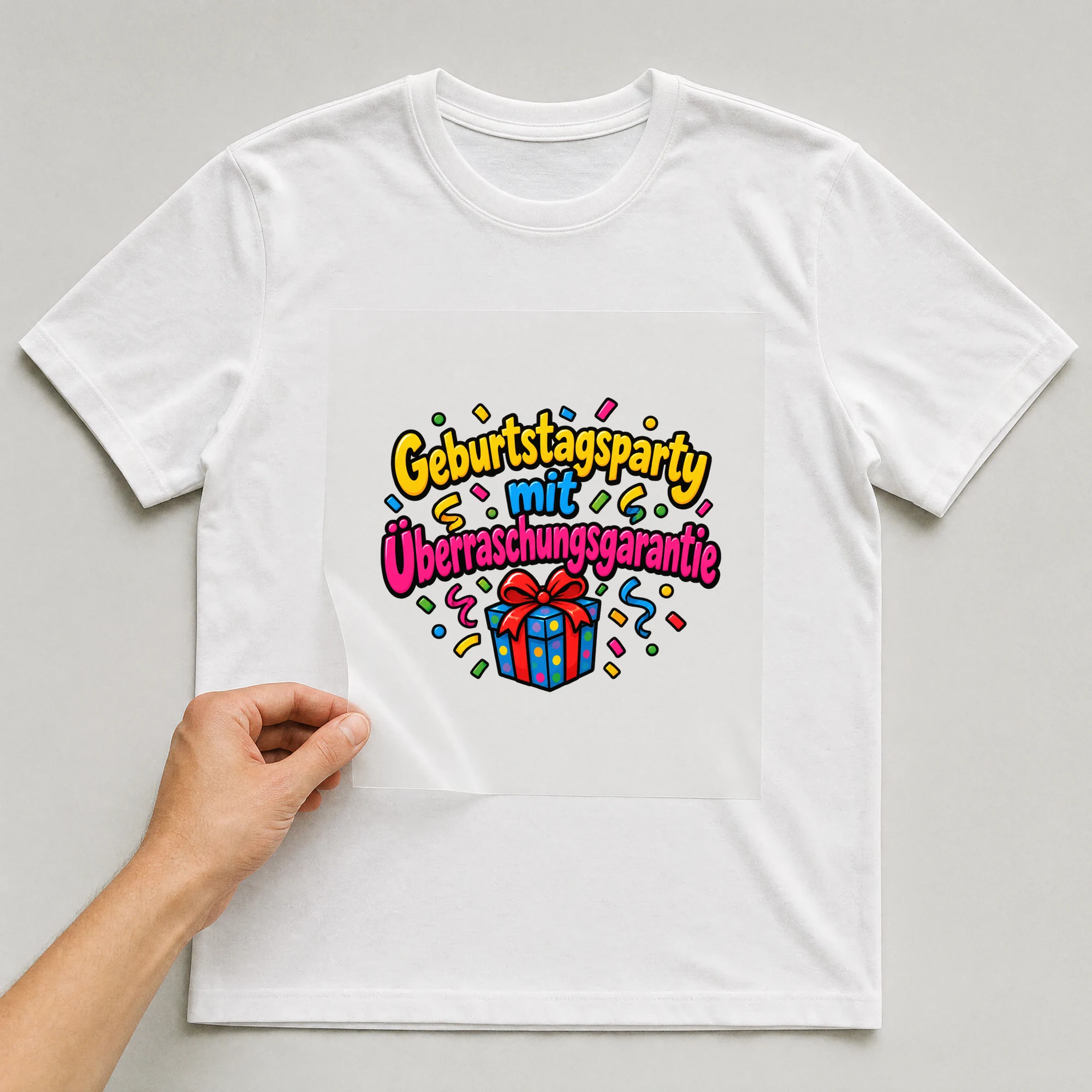 Bügelbild „Geburtstagsparty mit Überraschungsgarantie“ auf weißem T-Shirt, Folie wird aufgelegt