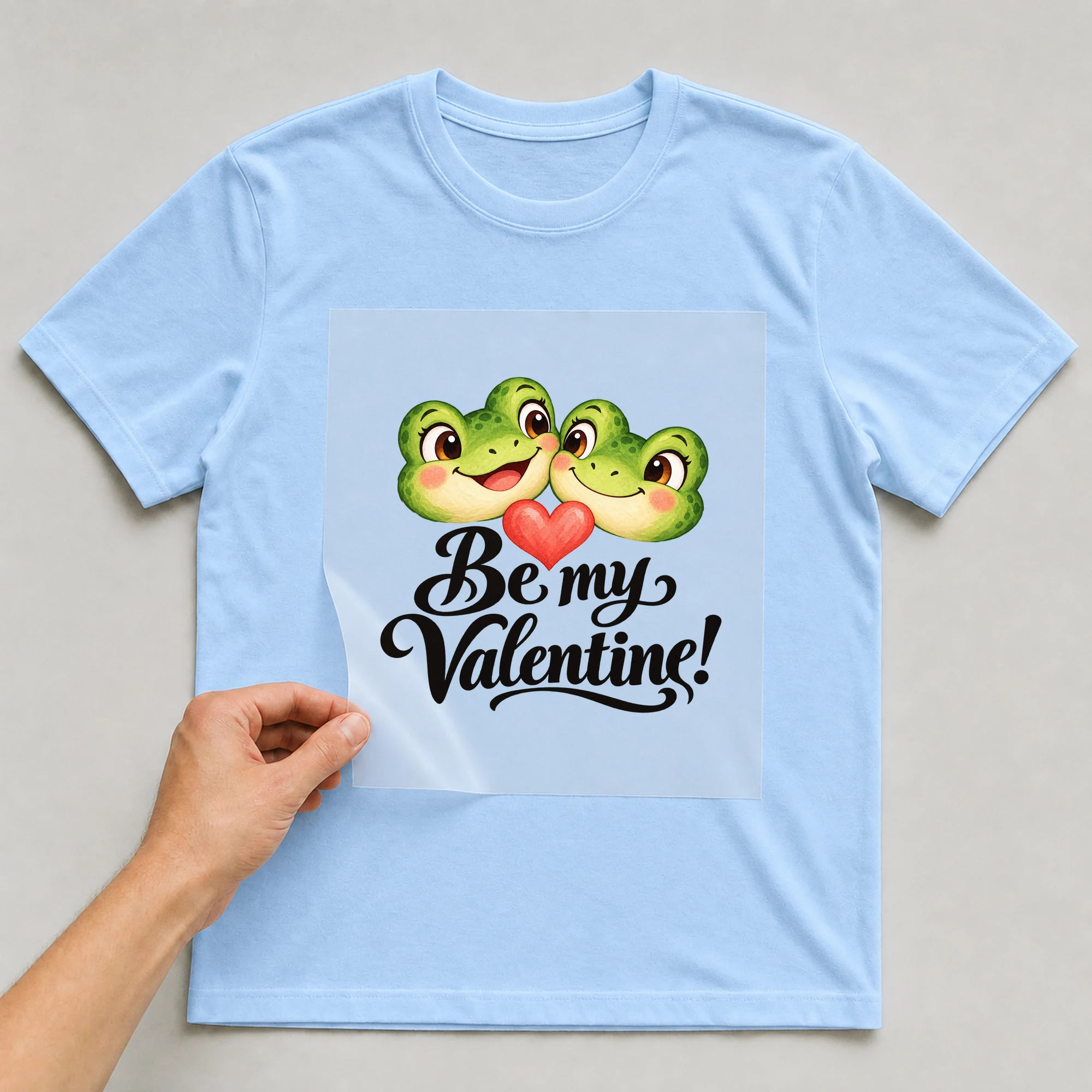 Bügelbild „Be my Valentine!“ auf babyblauem T-Shirt, Folie wird aufgelegt