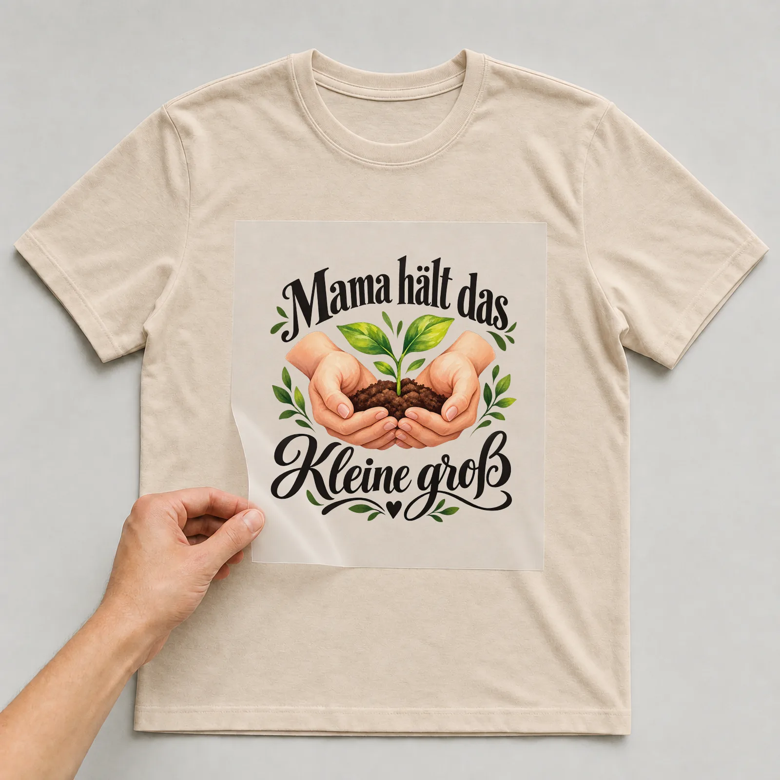 Bügelbild „Mama hält das Kleine groß“ auf beigem T-Shirt, Folie wird aufgelegt