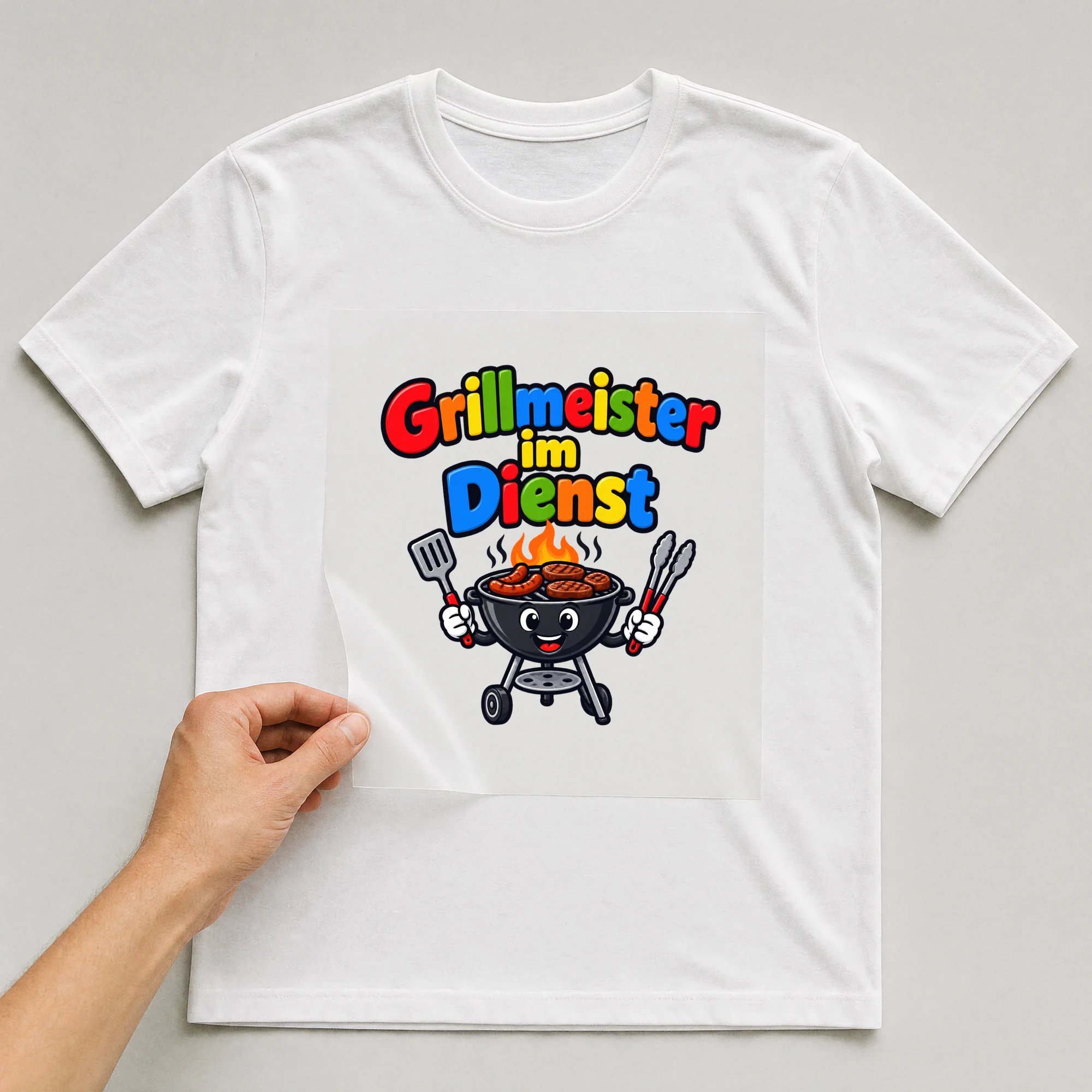 Bügelbild „Grillmeister im Dienst“ auf weißem T-Shirt, Folie wird aufgelegt