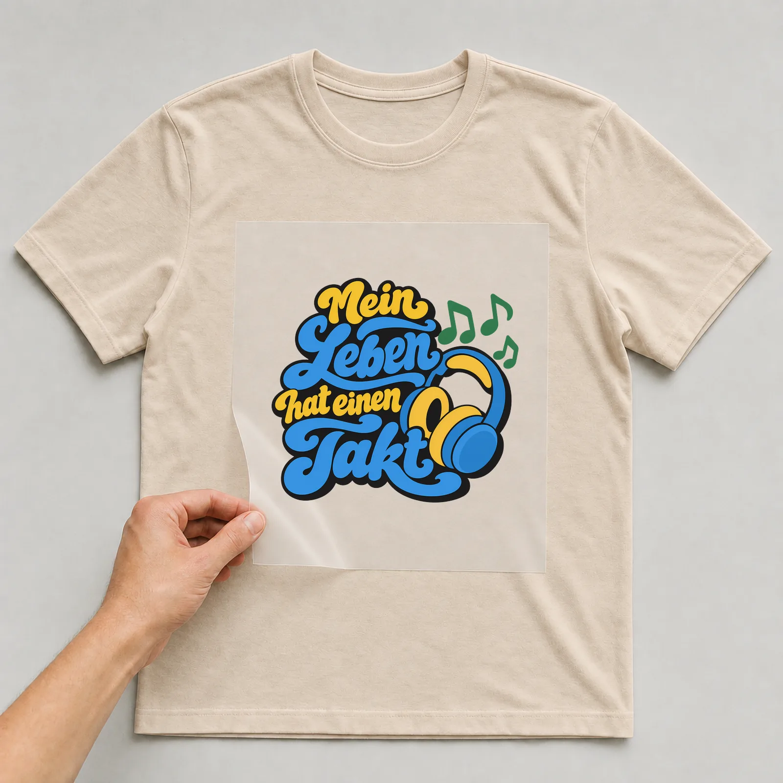 Bügelbild „Mein Leben hat einen Takt“ auf beigem T-Shirt, Folie wird aufgelegt