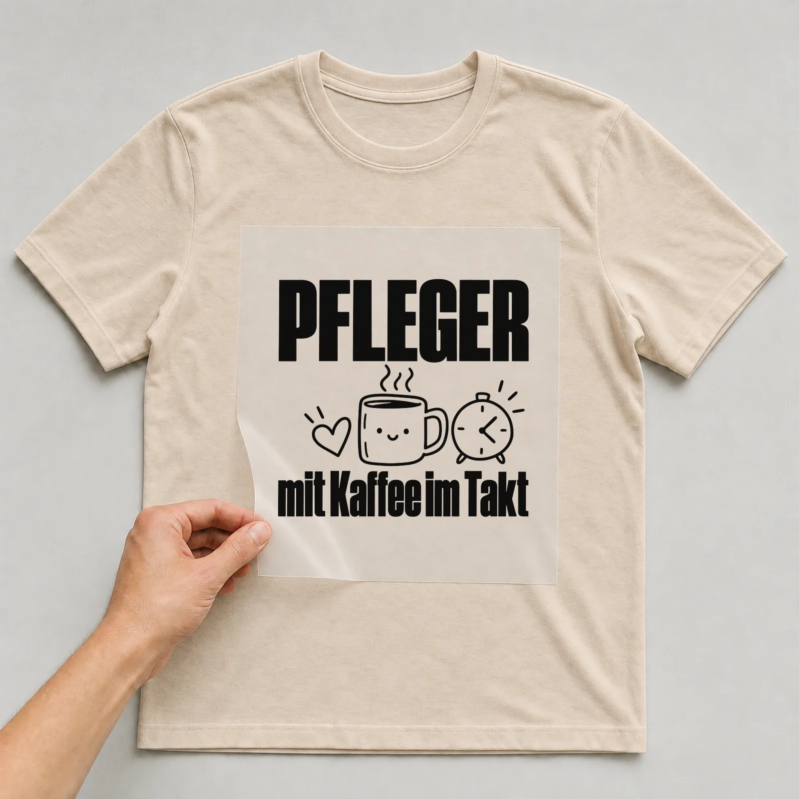 Bügelbild „Pfleger mit Kaffee im Takt“ auf beigem T-Shirt, Folie wird aufgelegt