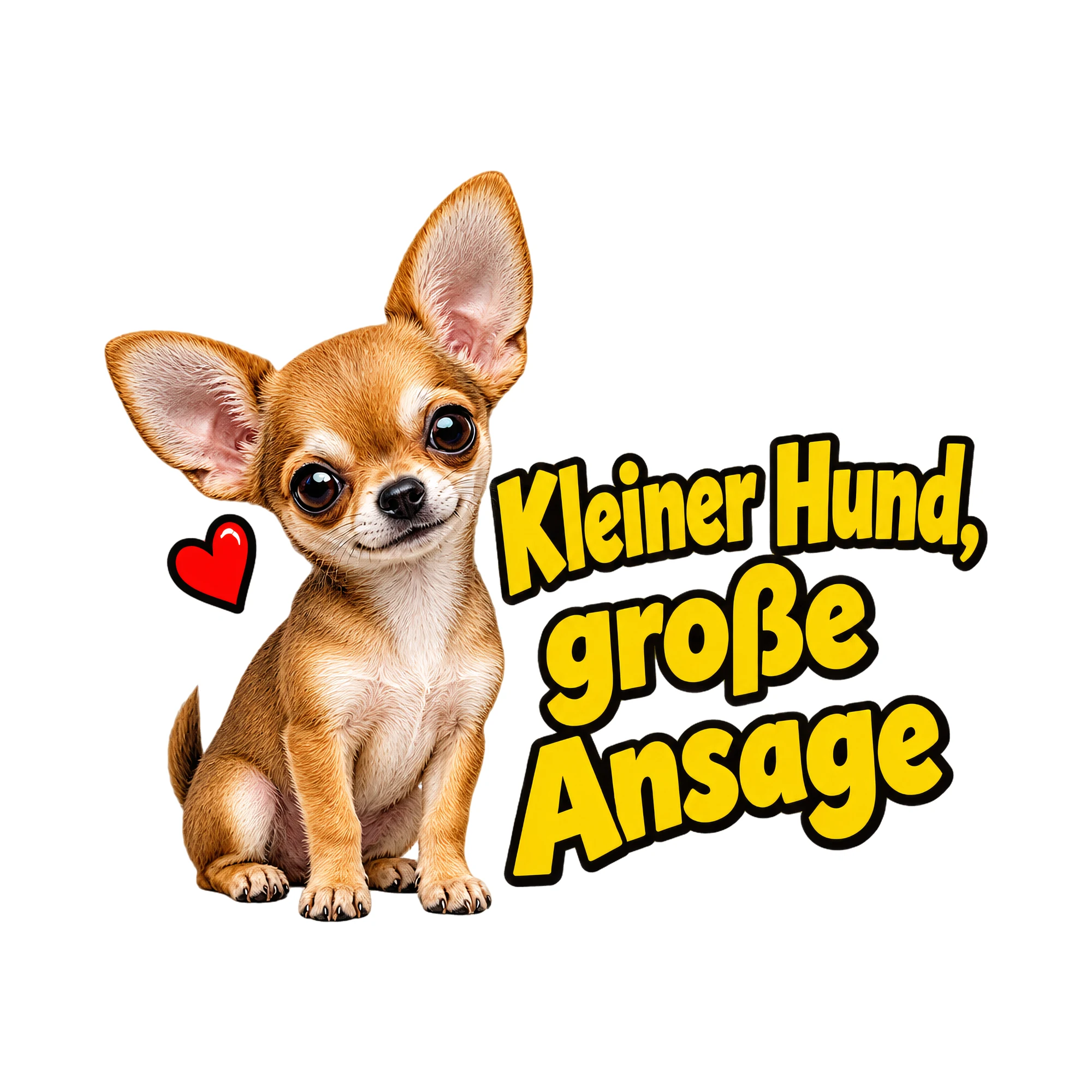 Bügelbild Kleiner Hund, große Ansage als Grafik auf weißem Hintergrund (BB012986)