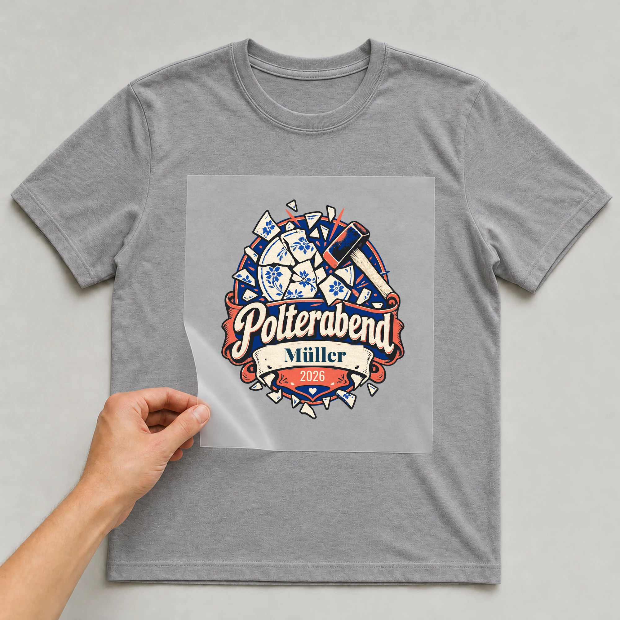 Bügelbild Polterabend mit Nachname und Jahr auf grauem T-Shirt, Folie wird aufgelegt