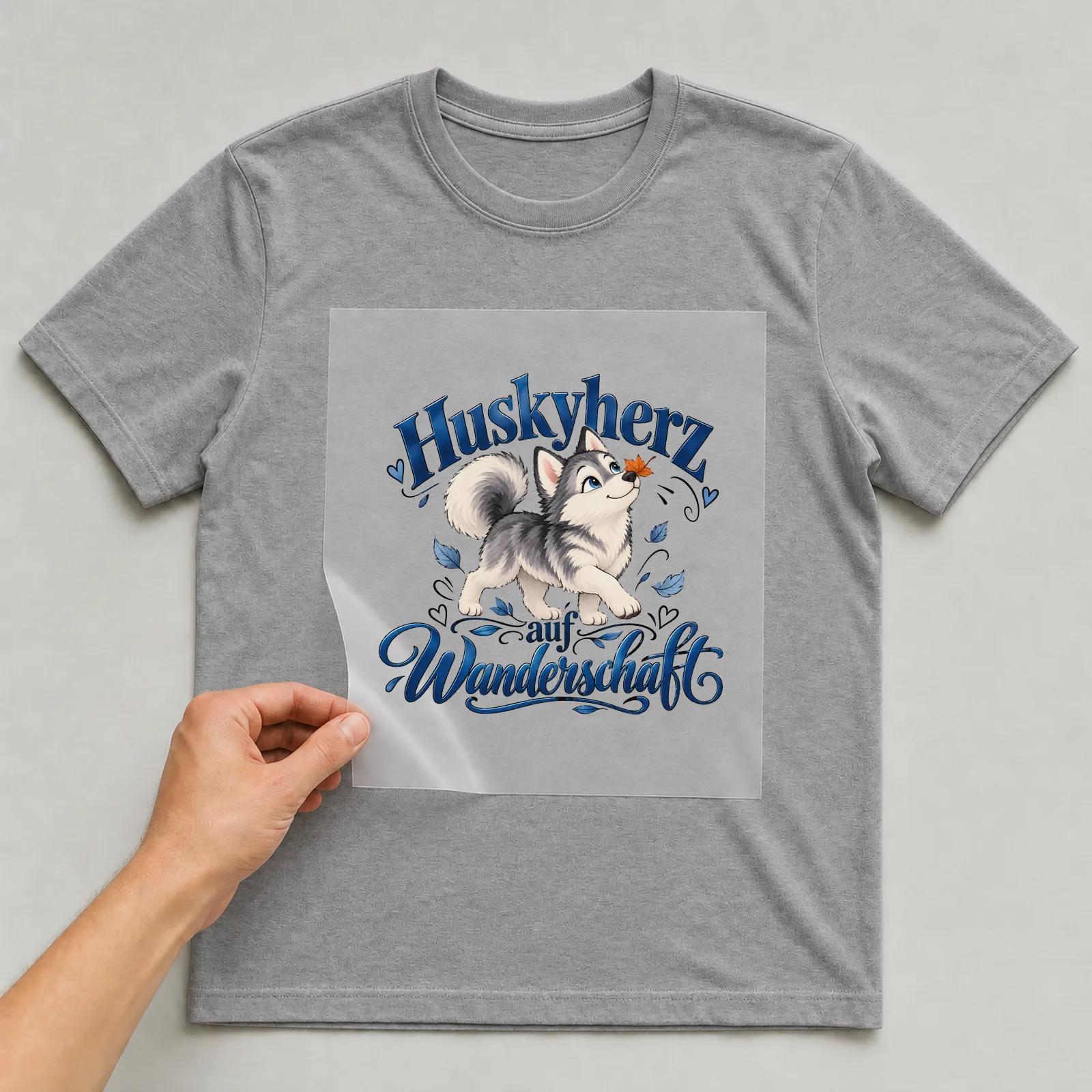 Bügelbild „Huskyherz auf Wanderschaft“ auf grauem T-Shirt, Folie wird aufgelegt