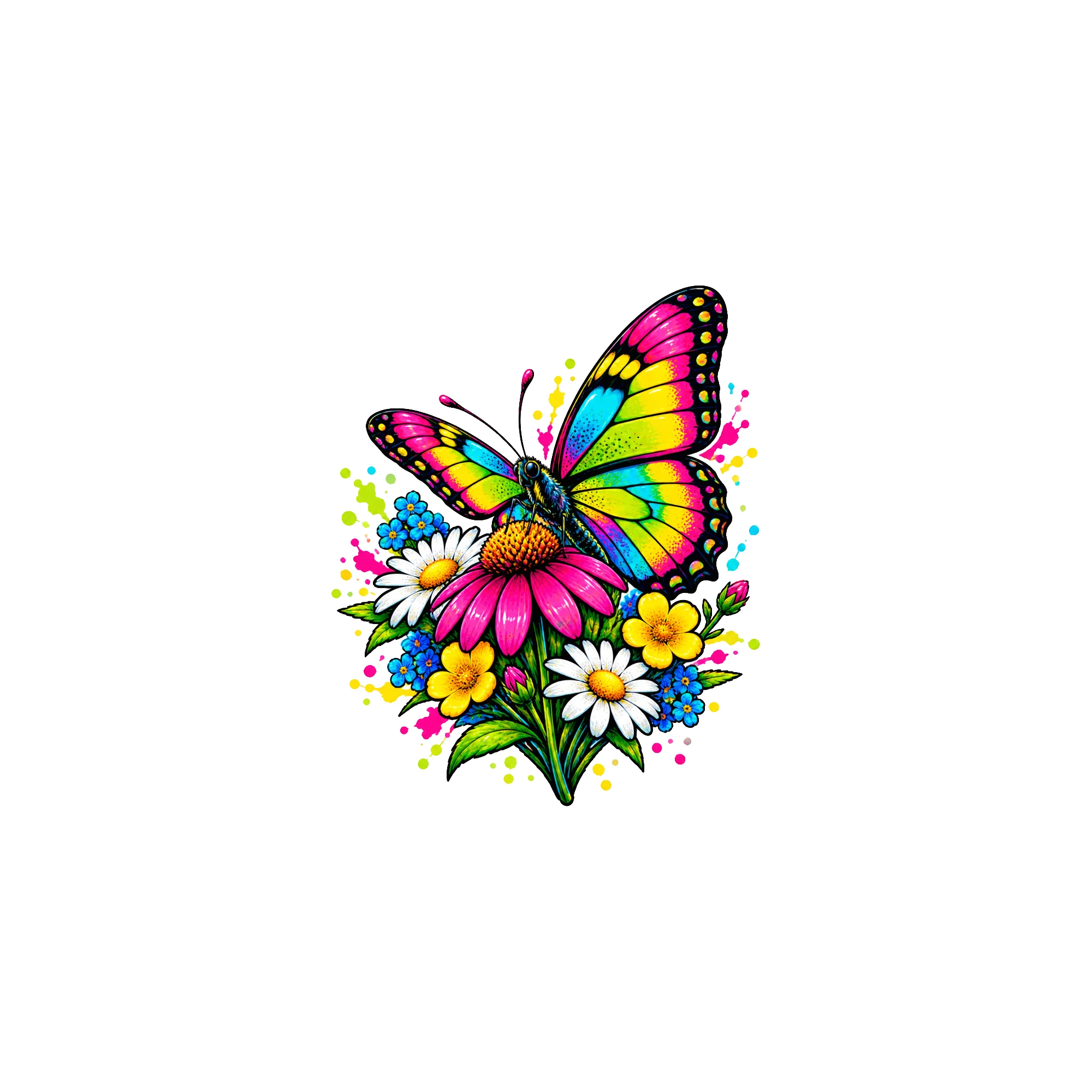 Bügelbild natur schmetterling wildblumen als Grafik auf weißem Hintergrund (BB011410)