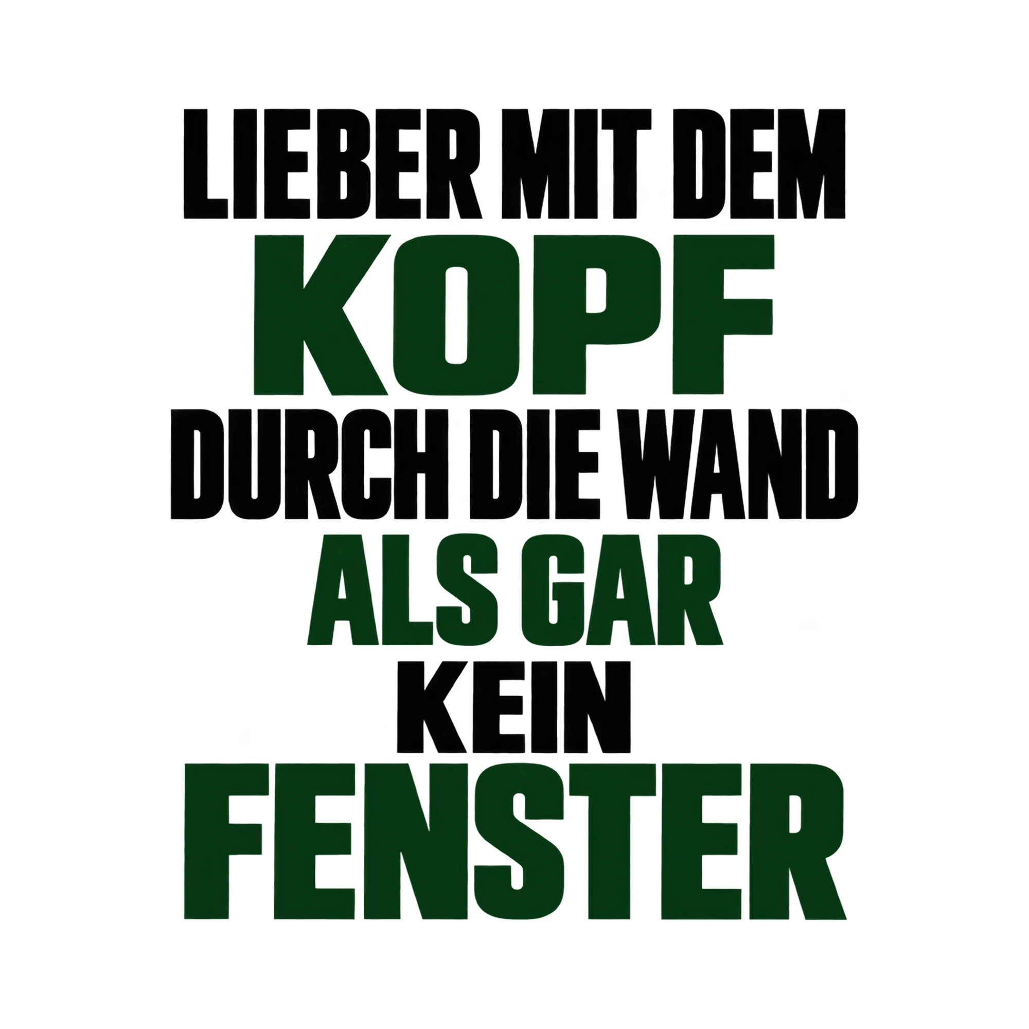 Bügelbild „Lieber mit dem Kopf durch die Wand als gar kein Fenster“, Familienshirt Spruch als Grafik auf weißem Hintergrund (BB015520)