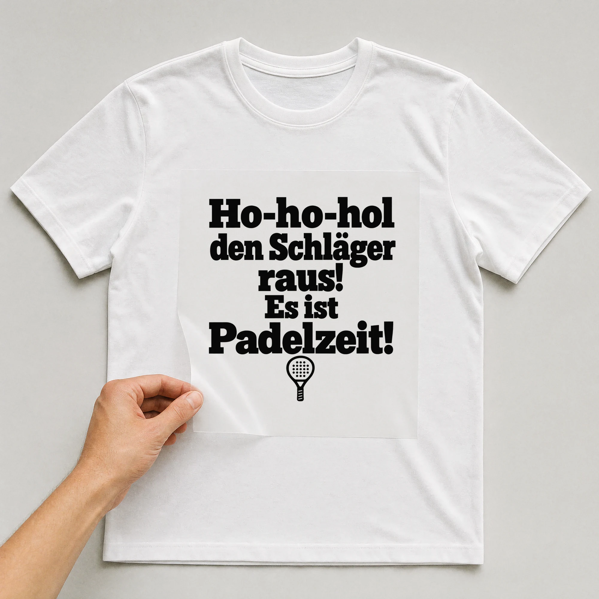 Bügelbild „Ho-ho-hol den Schläger raus! Es ist Padelzeit!“ auf weißem T-Shirt, Folie wird aufgelegt