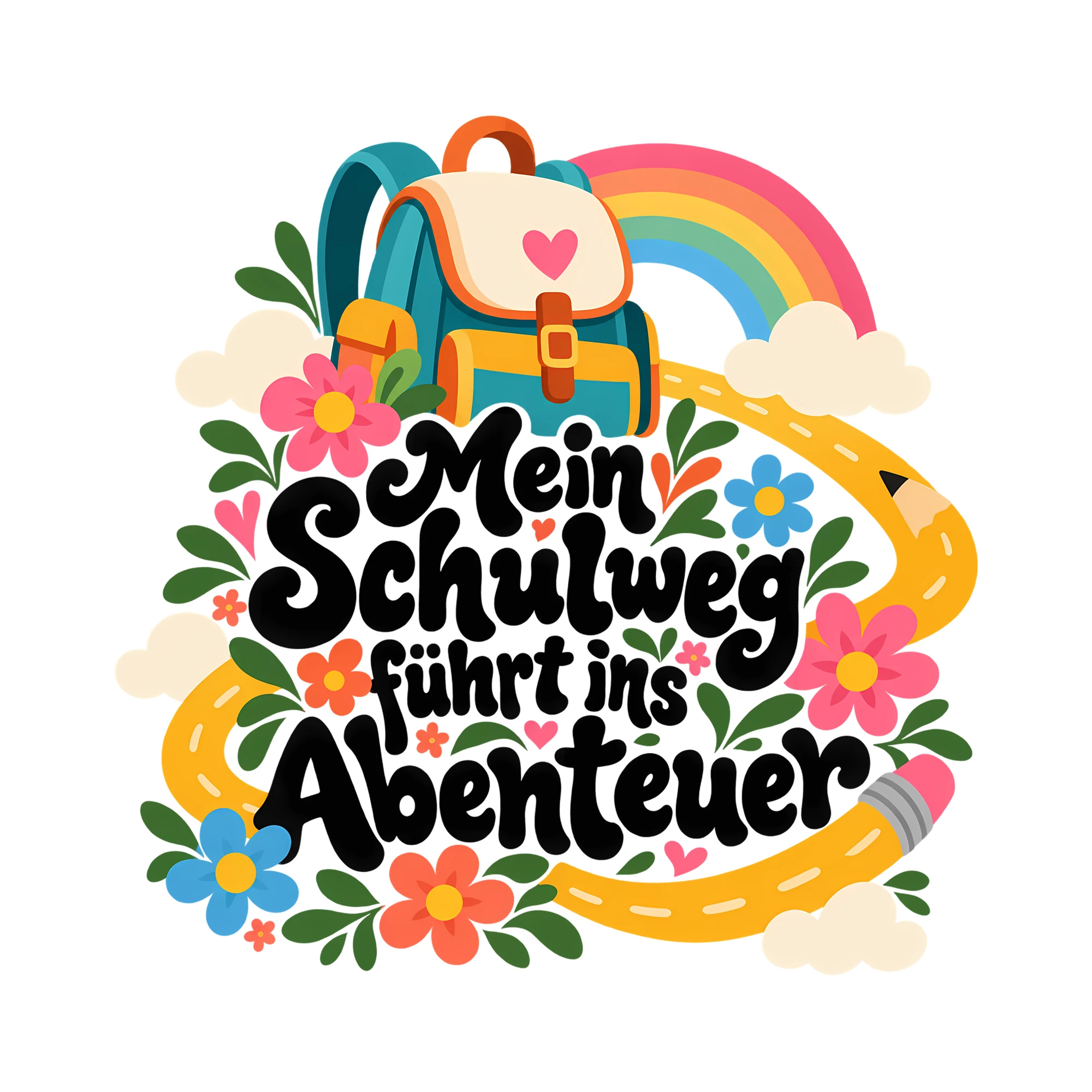 Bügelbild Mein Schulweg führt ins Abenteuer als Grafik auf weißem Hintergrund (BB011771)