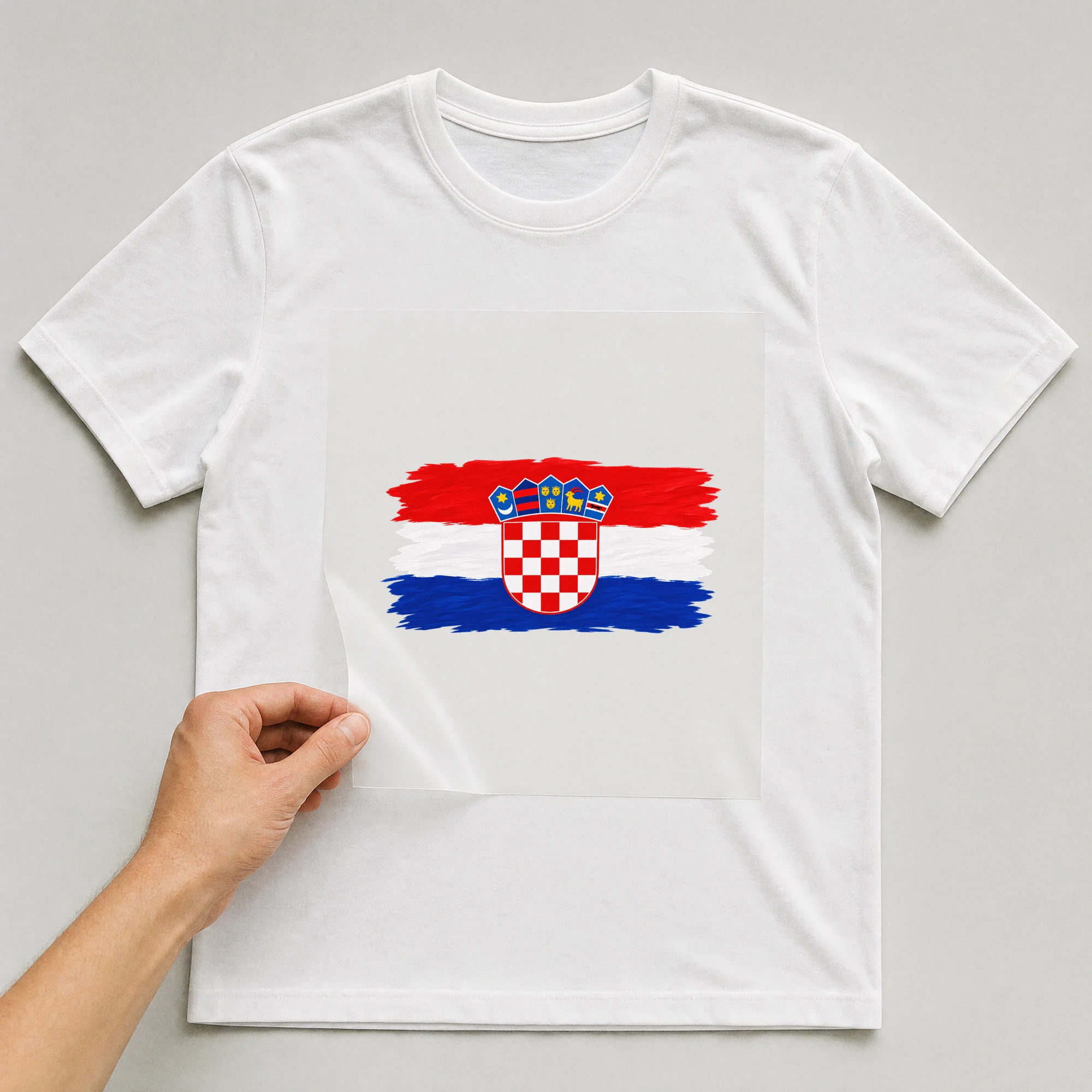 Bügelbild „Flagge Kroatien im Pinselstrich“ auf weißem T-Shirt, Folie wird aufgelegt