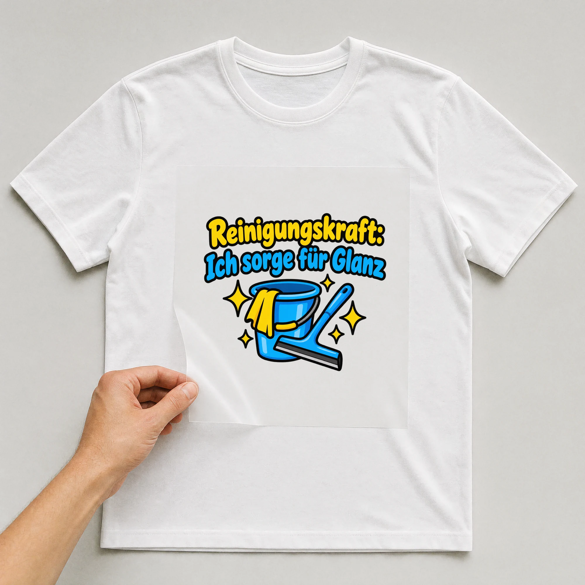 Bügelbild „Reinigungskraft: Ich sorge für Glanz“ auf weißem T-Shirt, Folie wird aufgelegt