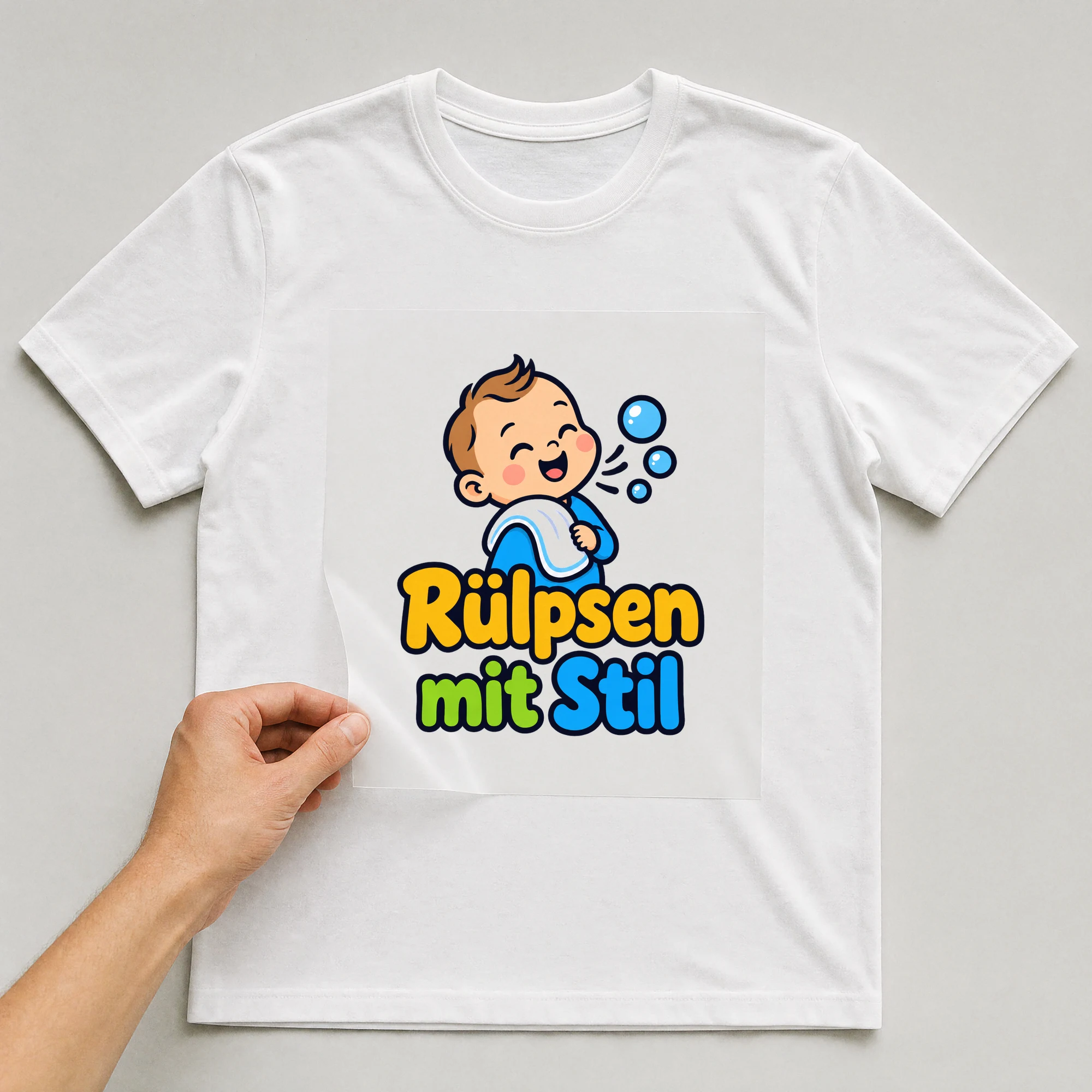 Bügelbild „Rülpsen mit Stil“ auf weißem T-Shirt, Folie wird aufgelegt