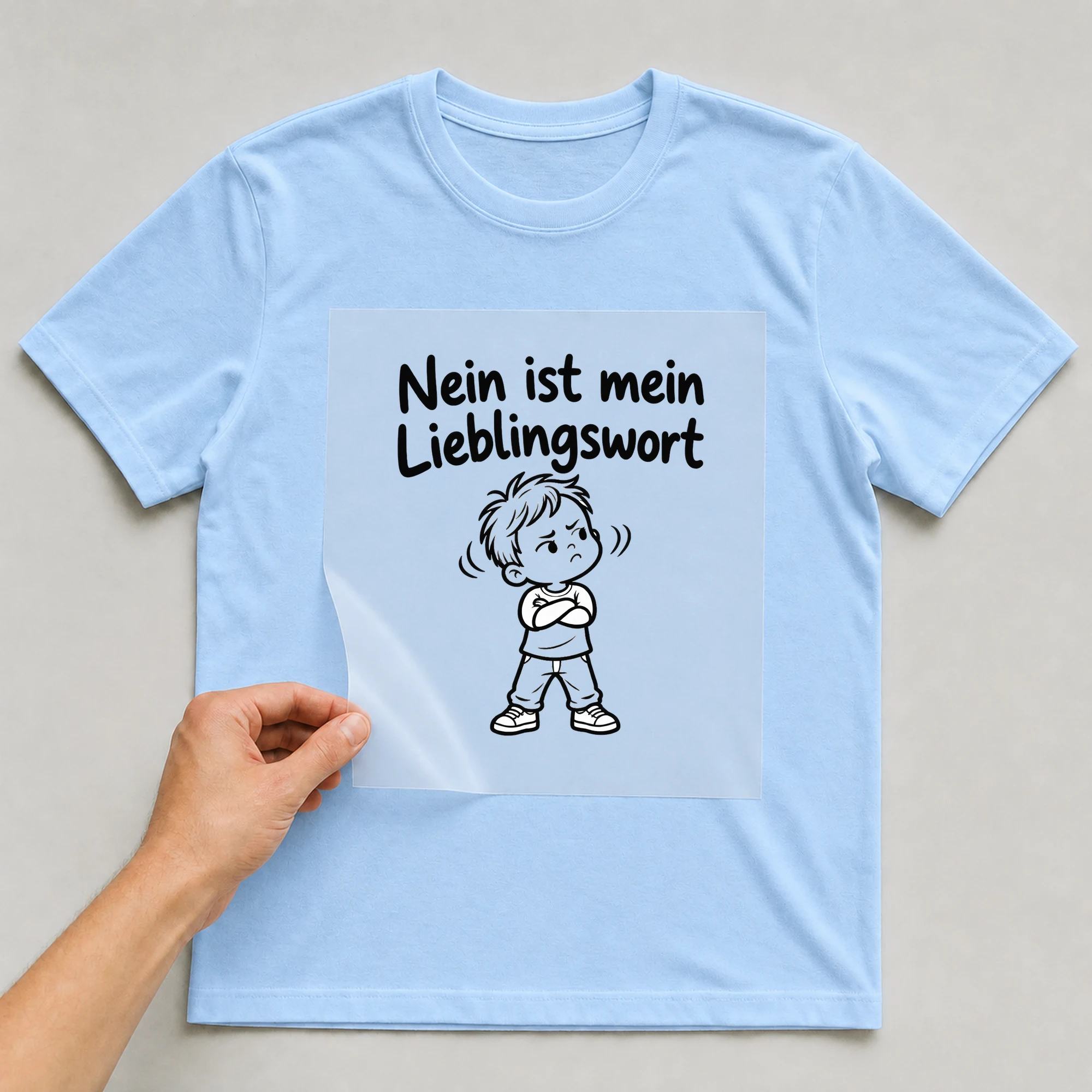 Bügelbild „Nein ist mein Lieblingswort“ auf babyblauem T-Shirt, Folie wird aufgelegt