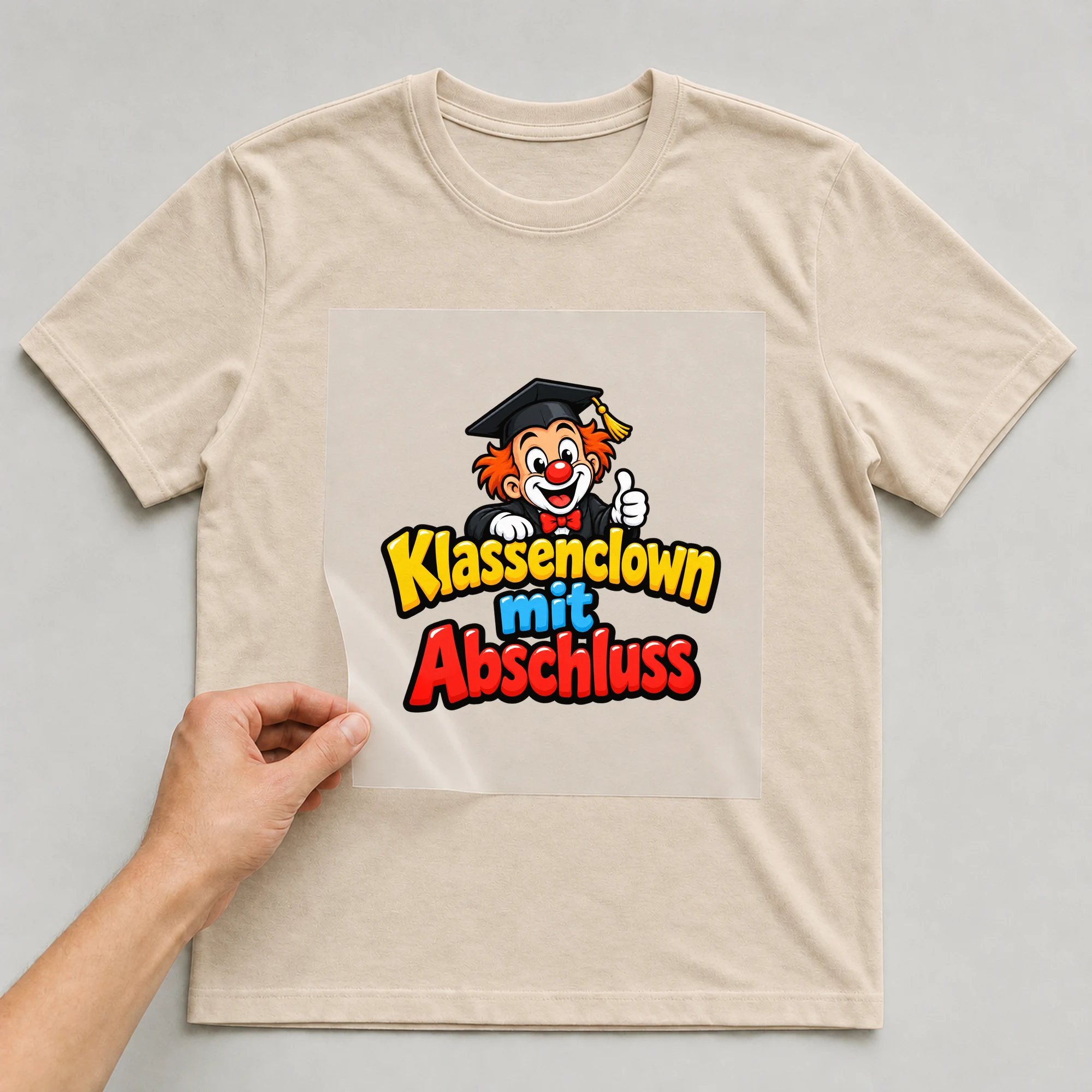 Bügelbild „Klassenclown mit Abschluss“ auf beigem T-Shirt, Folie wird aufgelegt