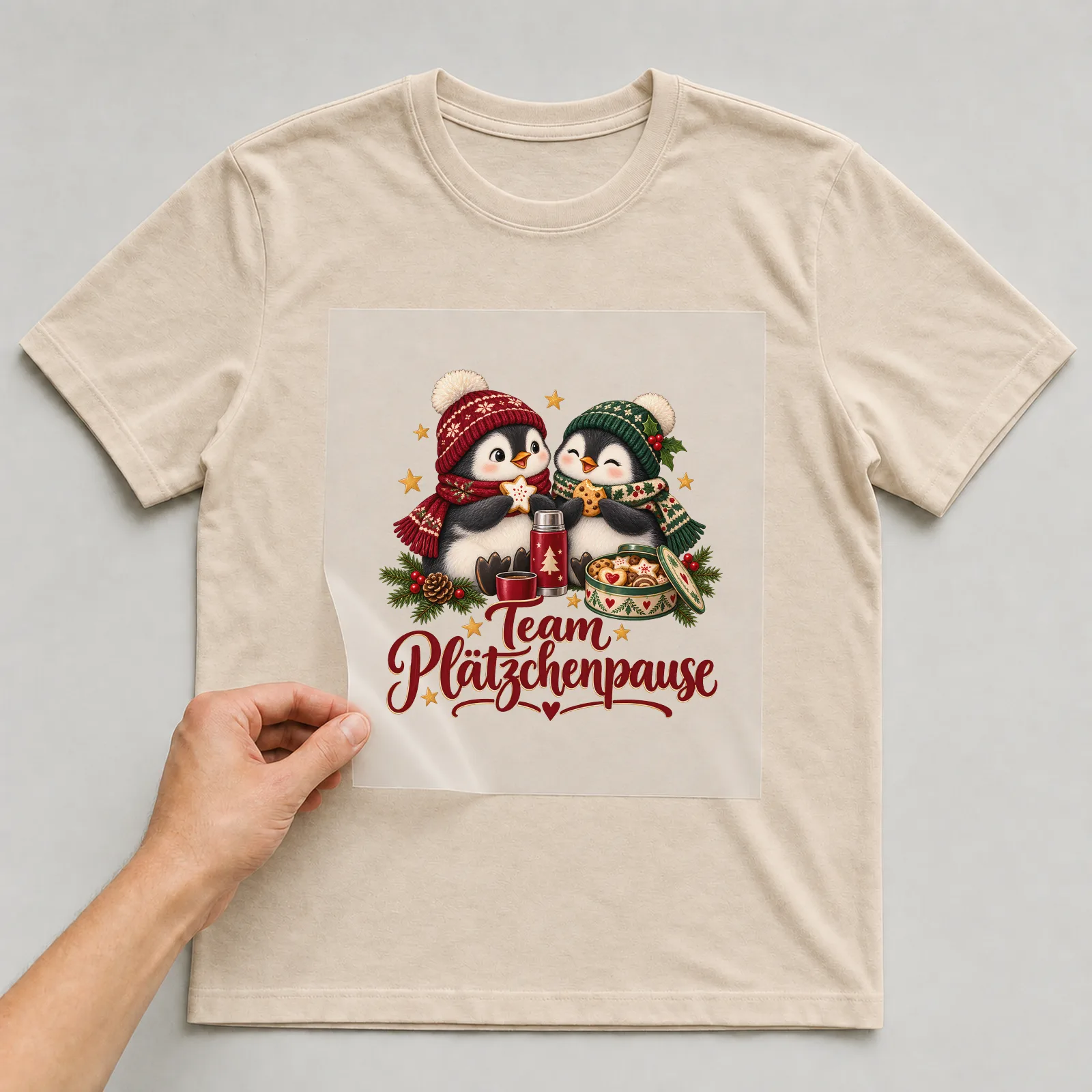 Bügelbild Team Plätzchenpause auf beigem T-Shirt, Folie wird aufgelegt