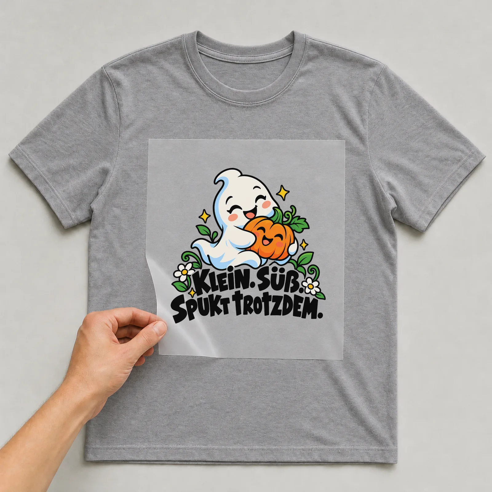 Bügelbild „Klein. Süß. Spukt trotzdem.“ auf grauem T-Shirt, Folie wird aufgelegt