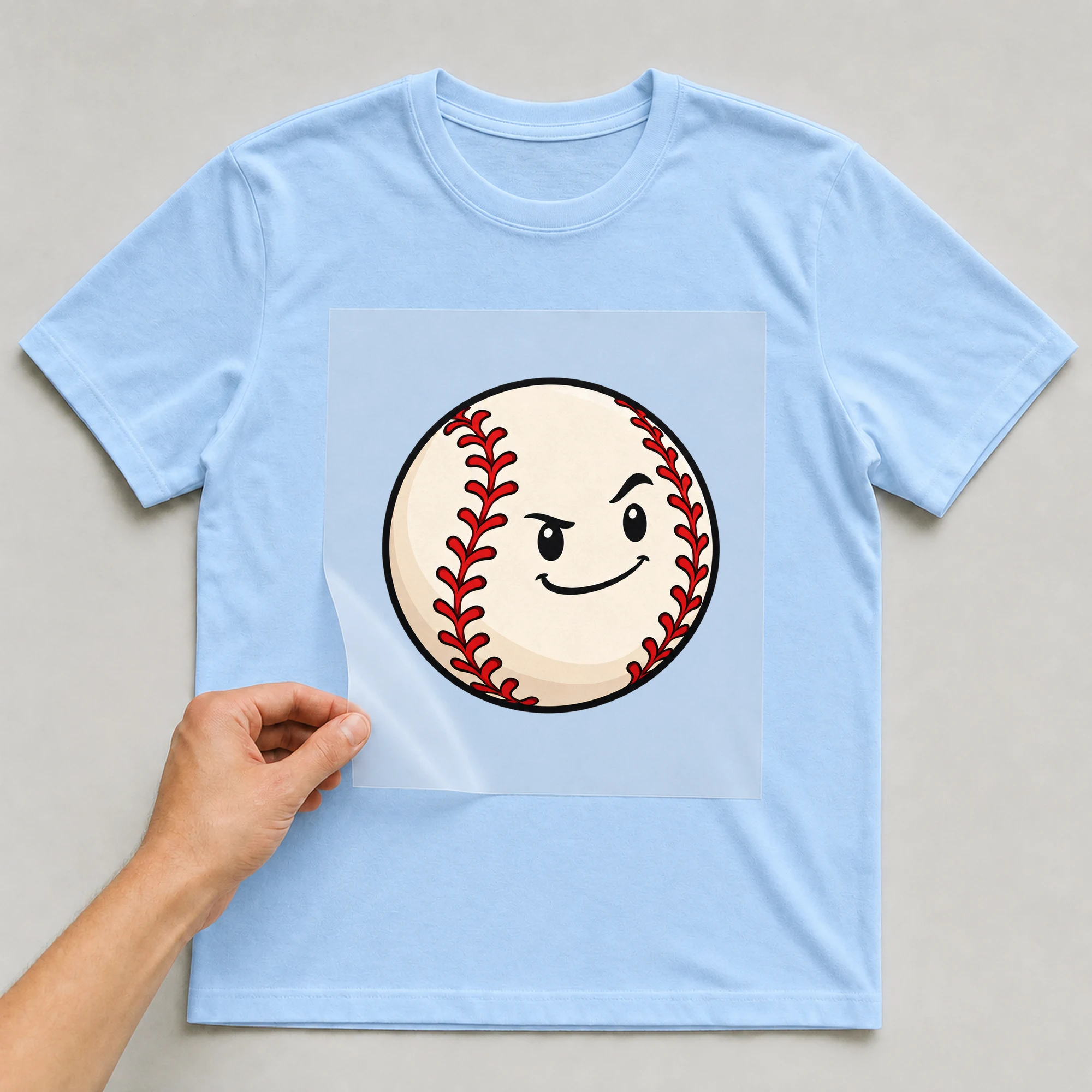 Bügelbild „Baseball Smiley“ auf babyblauem T-Shirt, Folie wird aufgelegt