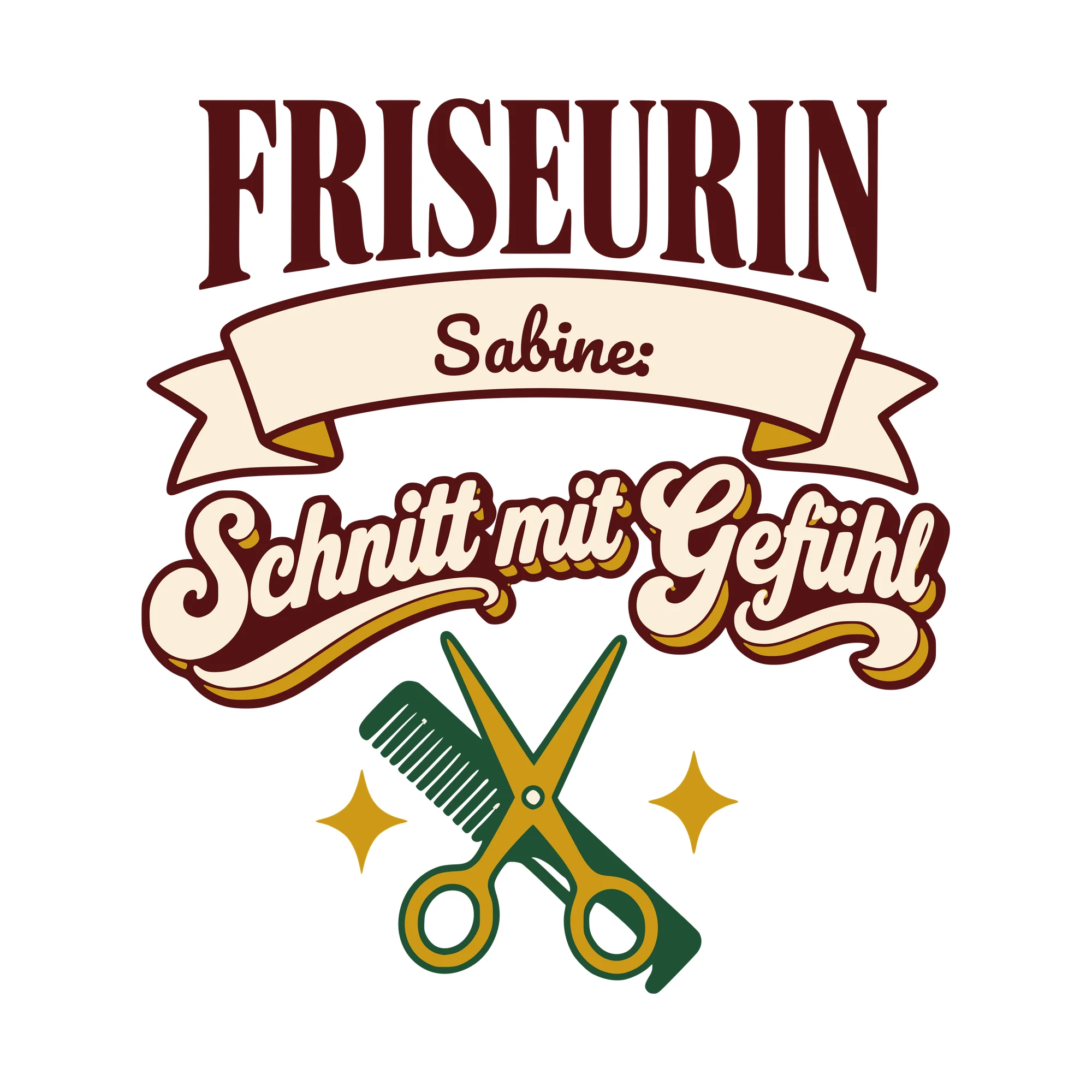 Bügelbild Friseurin: Schnitt mit Gefühl mit Name als Grafik auf weißem Hintergrund (BB010606)