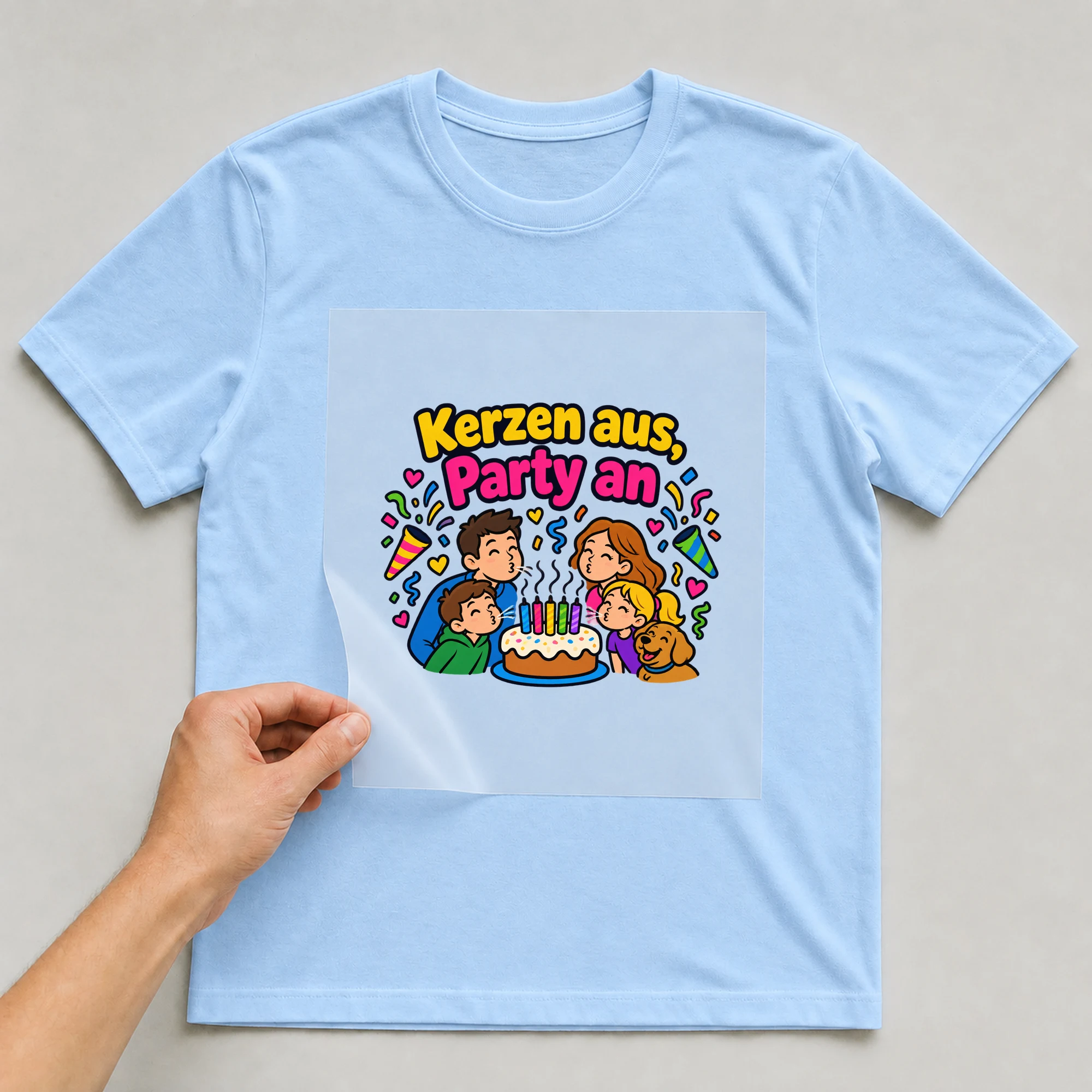 Bügelbild „Kerzen aus, Party an“ auf babyblauem T-Shirt, Folie wird aufgelegt