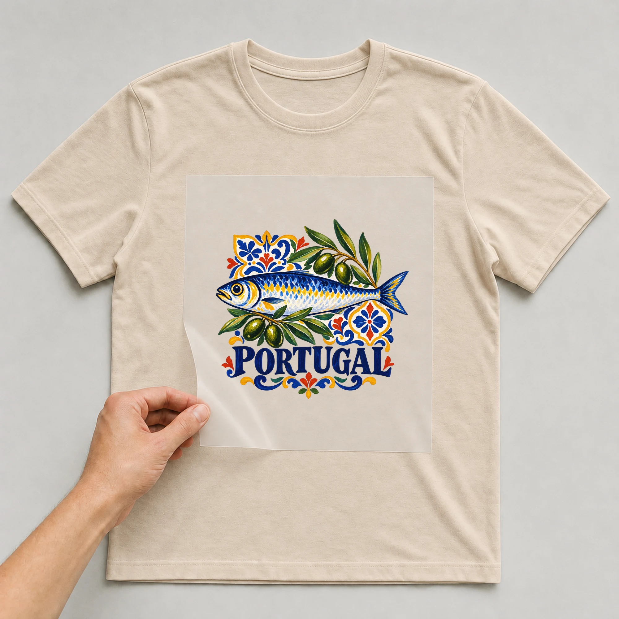 Bügelbild „Portugal“ auf beigem T-Shirt, Folie wird aufgelegt