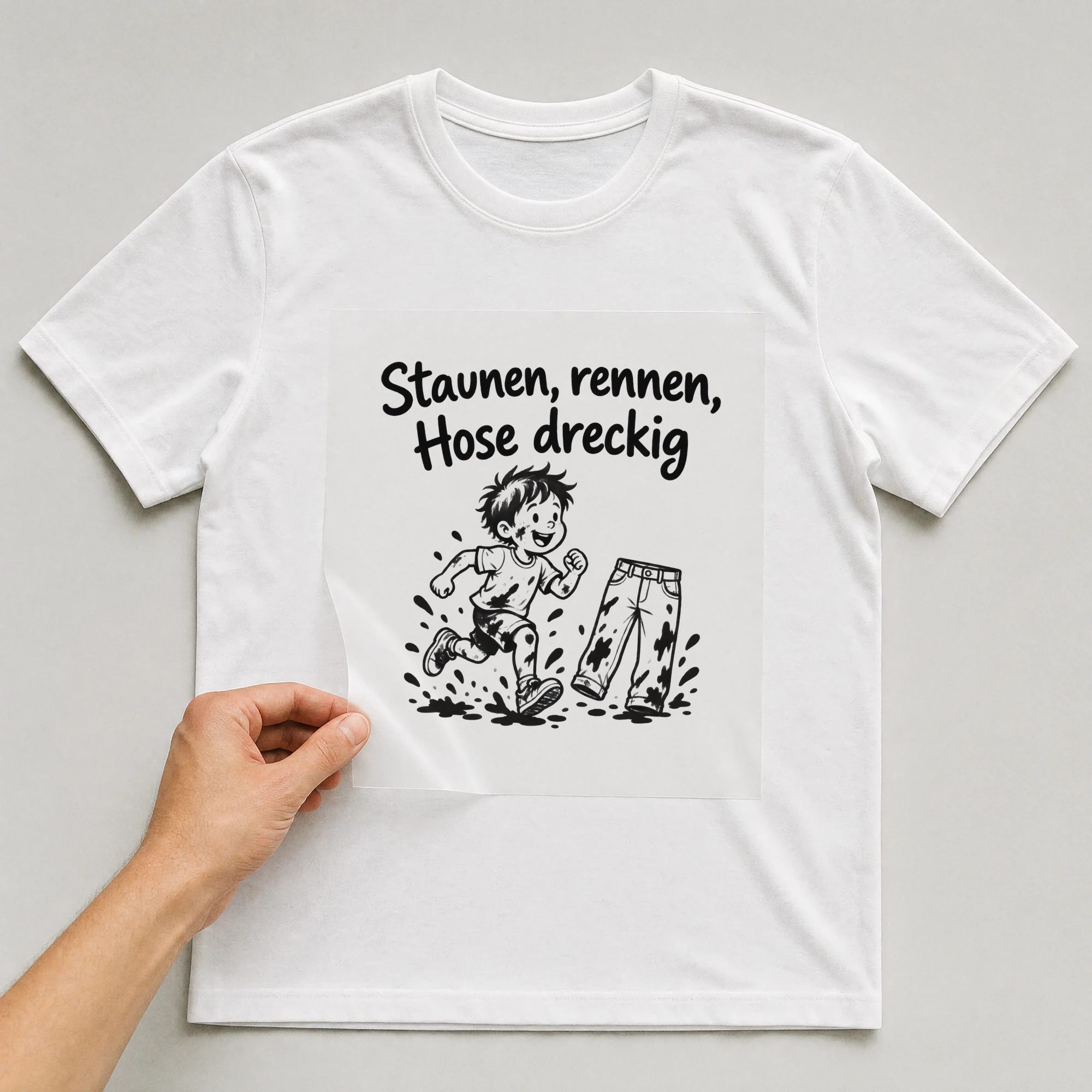 Bügelbild „Staunen, rennen, Hose dreckig“ auf weißem T-Shirt, Folie wird aufgelegt