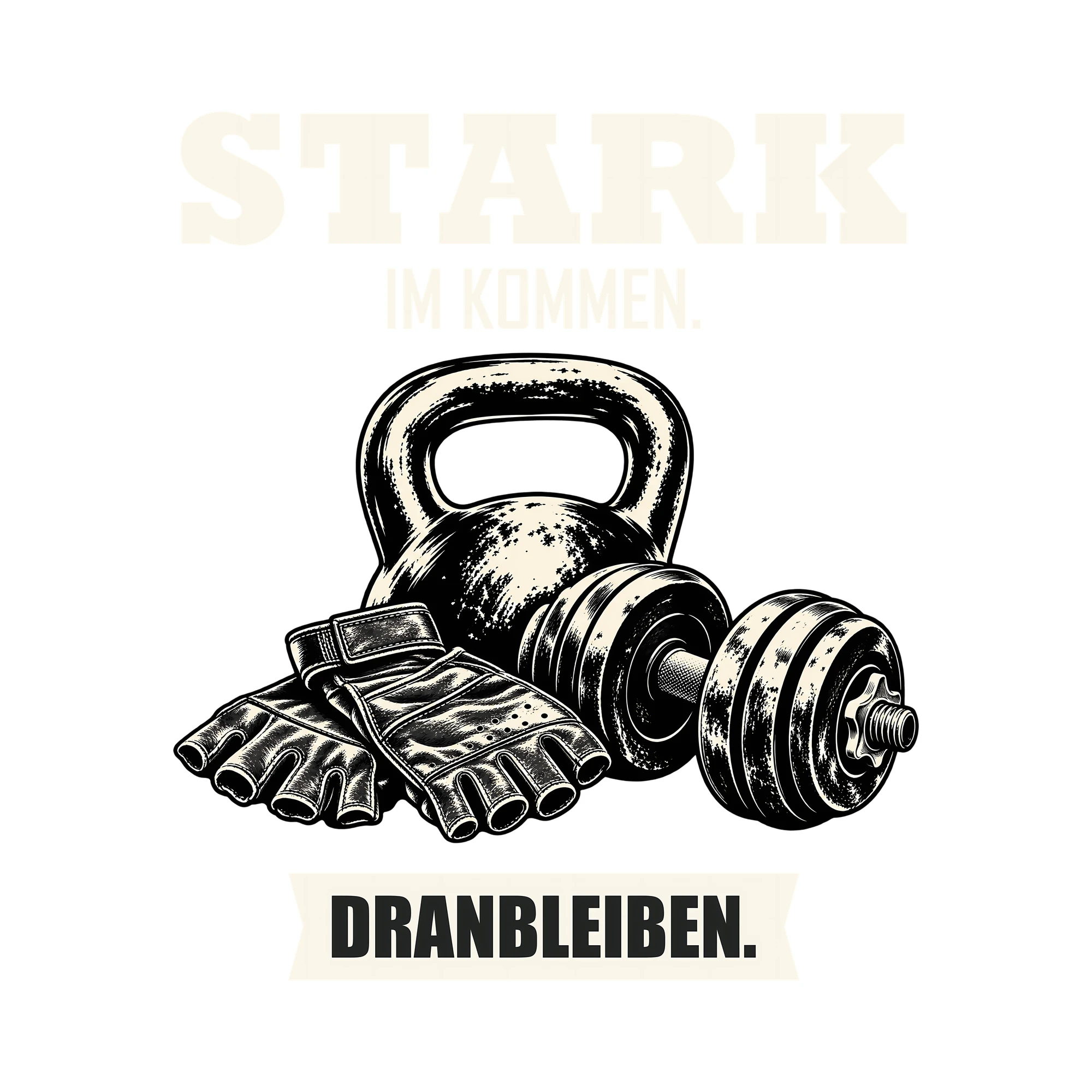 Bügelbild STARK IM KOMMEN. DRANBLEIBEN. als Grafik auf weißem Hintergrund (BB013726)
