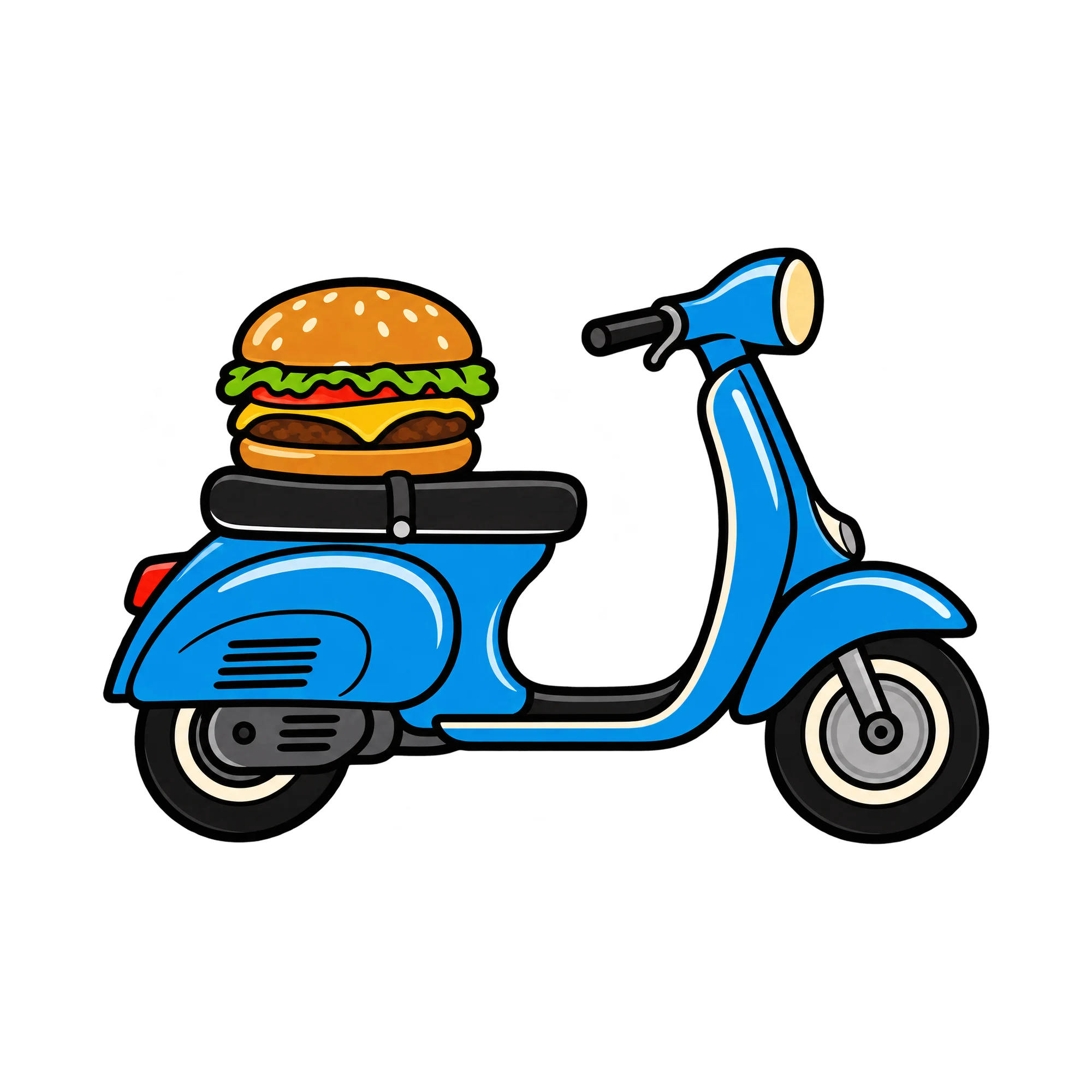 Bügelbild Burger Scooter, Lustiger Shirt Motiv als Grafik auf weißem Hintergrund (BB015040)
