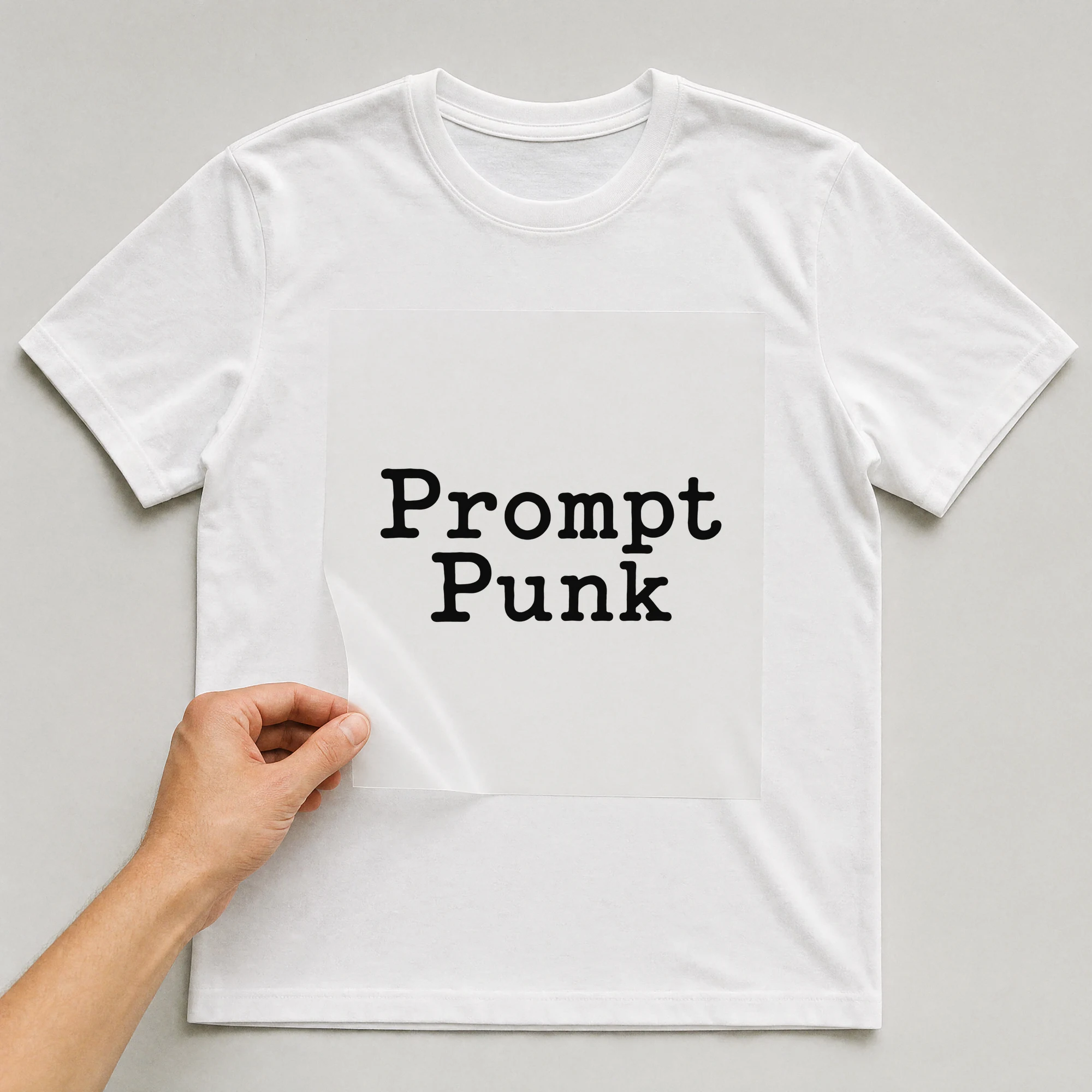 Bügelbild „Prompt Punk“ auf weißem T-Shirt, Folie wird aufgelegt