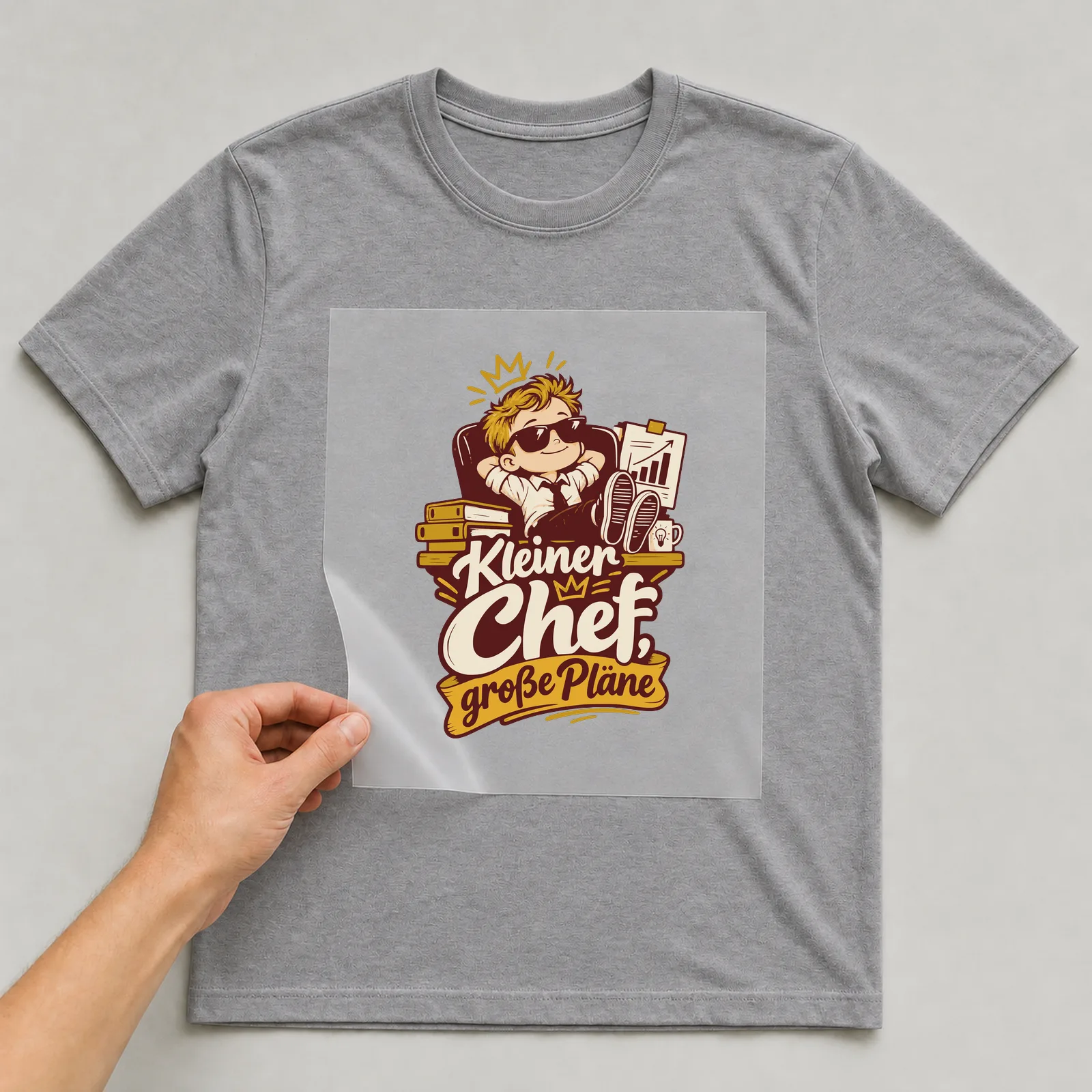Bügelbild Kleiner Chef, große Pläne auf grauem T-Shirt, Folie wird aufgelegt