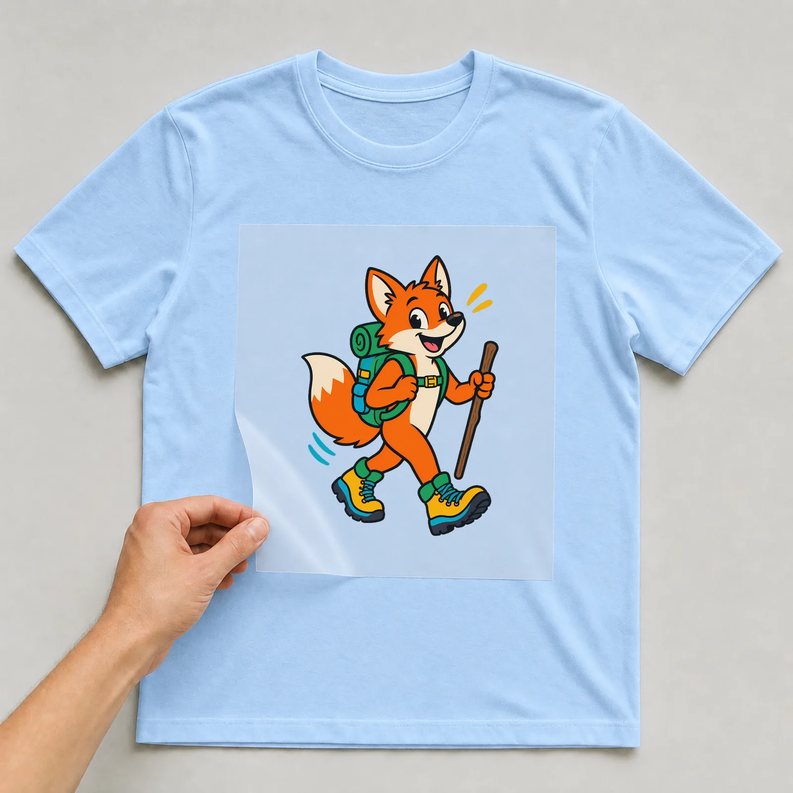 Bügelbild natur wander fuchs auf hellblauem T-Shirt, Folie wird aufgelegt