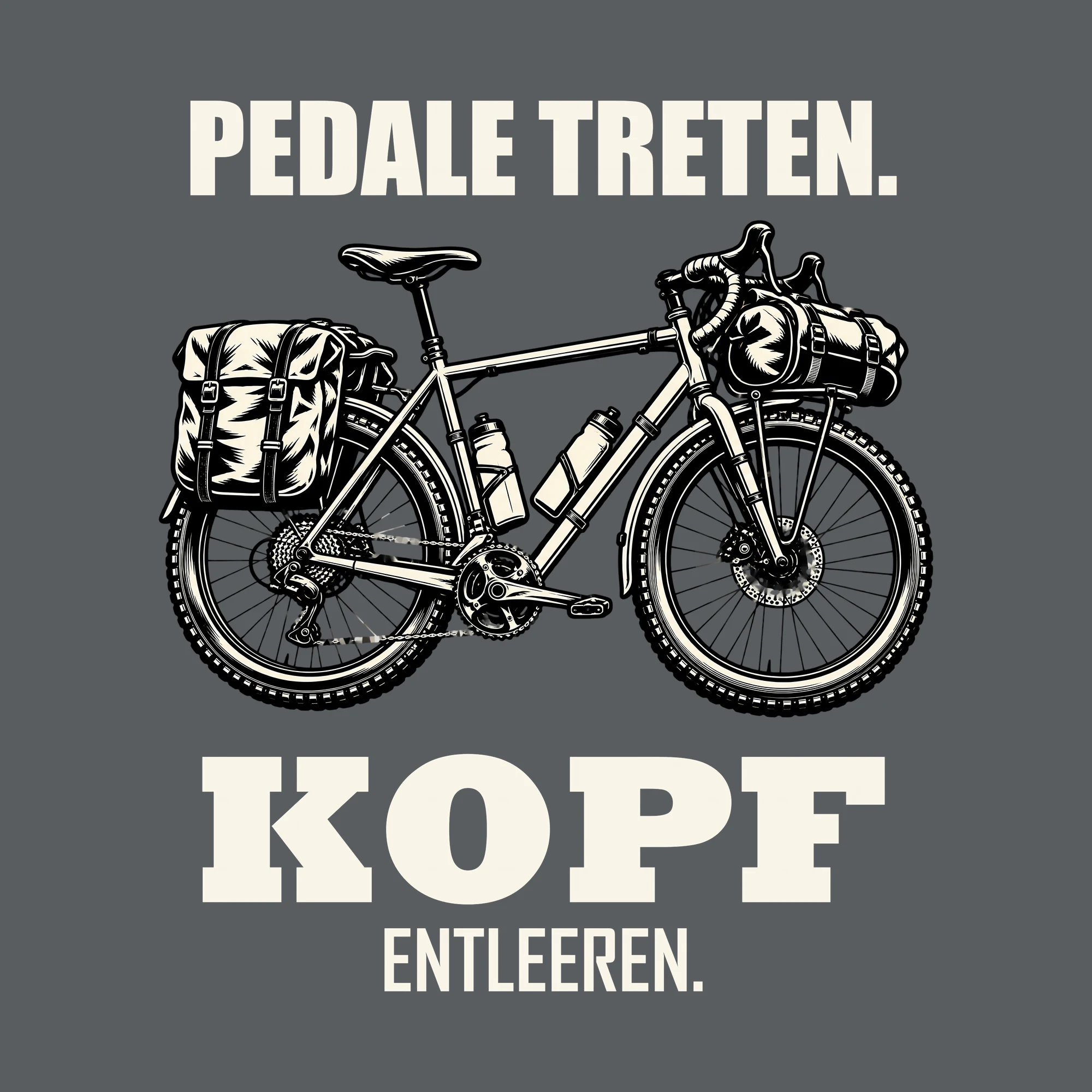 Bügelbild PEDALE TRETEN. KOPF ENTLEEREN. als Grafik auf dunklem Hintergrund (BB013692)