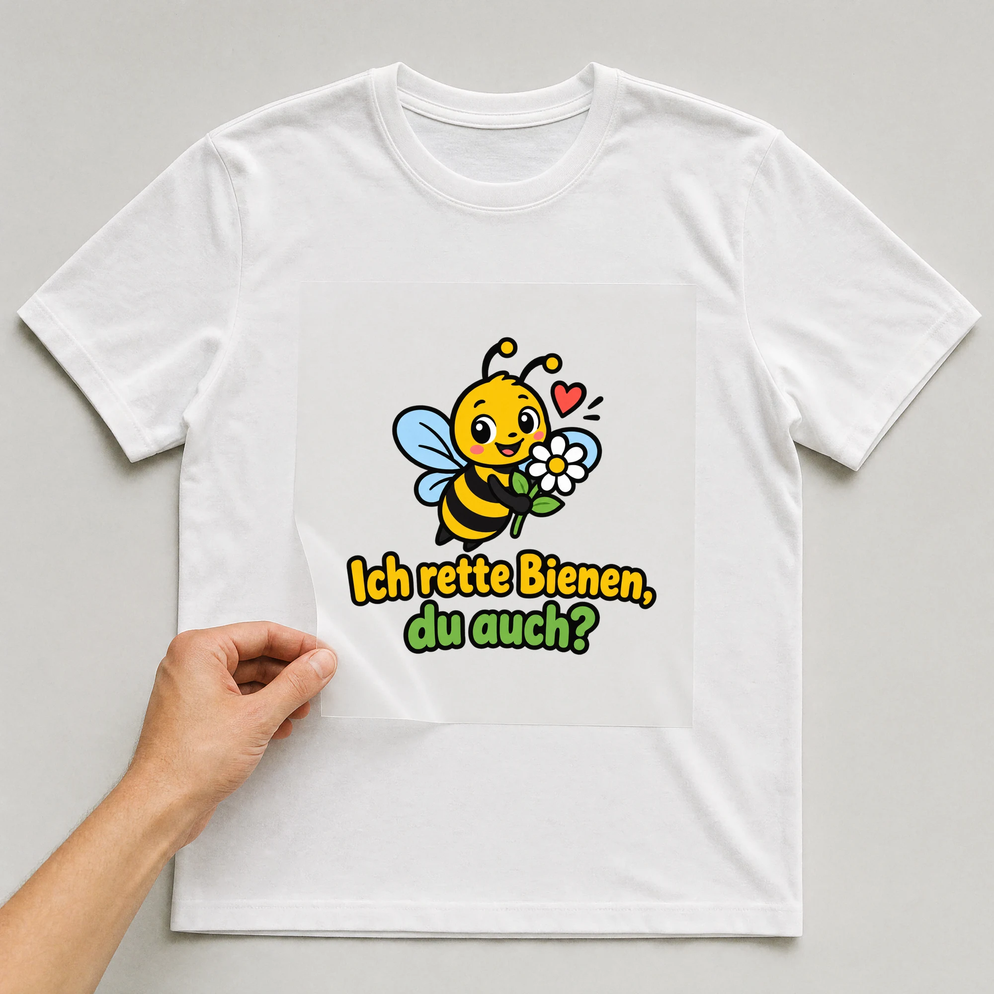 Bügelbild „Ich rette Bienen, du auch?“ auf weißem T-Shirt, Folie wird aufgelegt