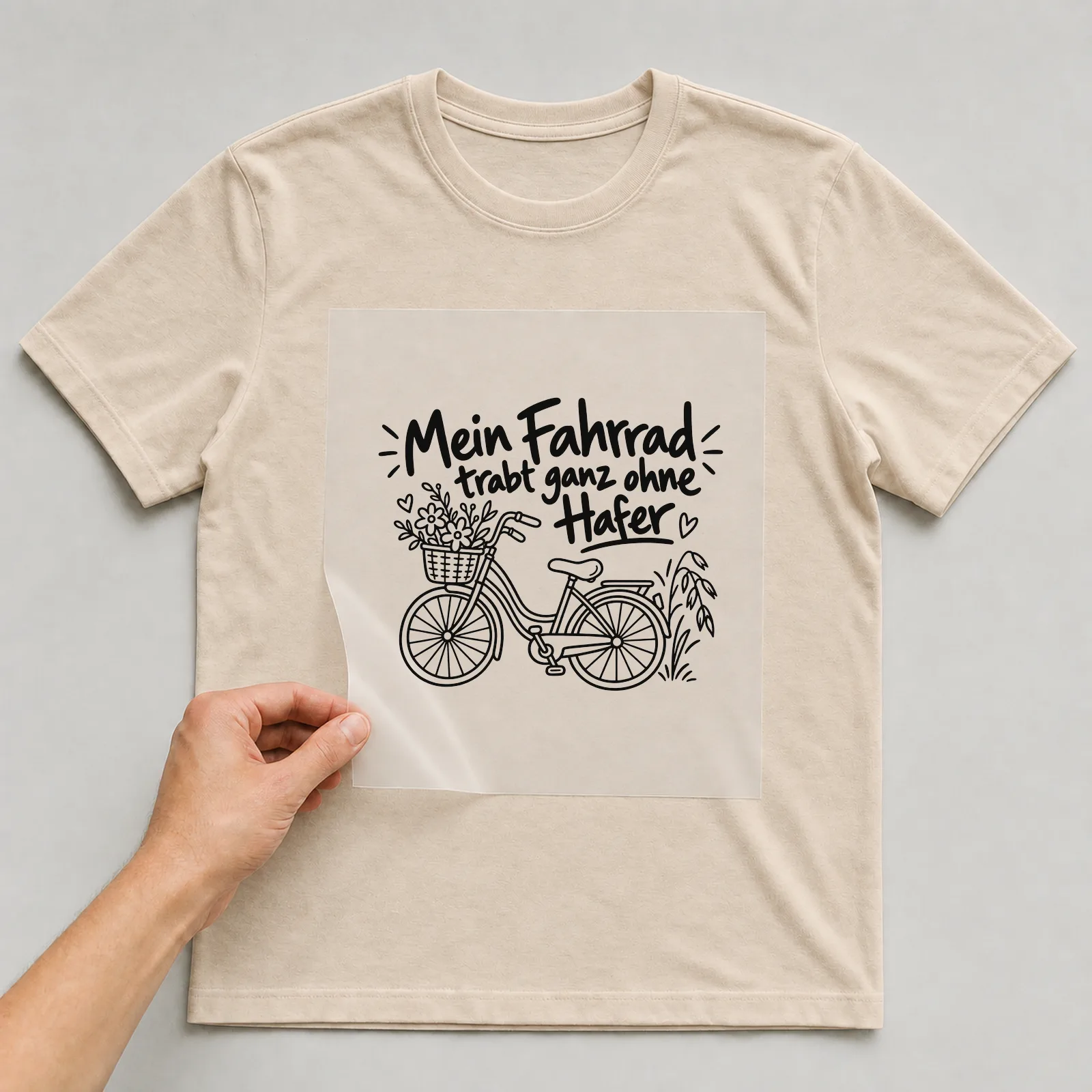 Bügelbild „Mein Fahrrad trabt ganz ohne Hafer“ auf beigem T-Shirt, Folie wird aufgelegt
