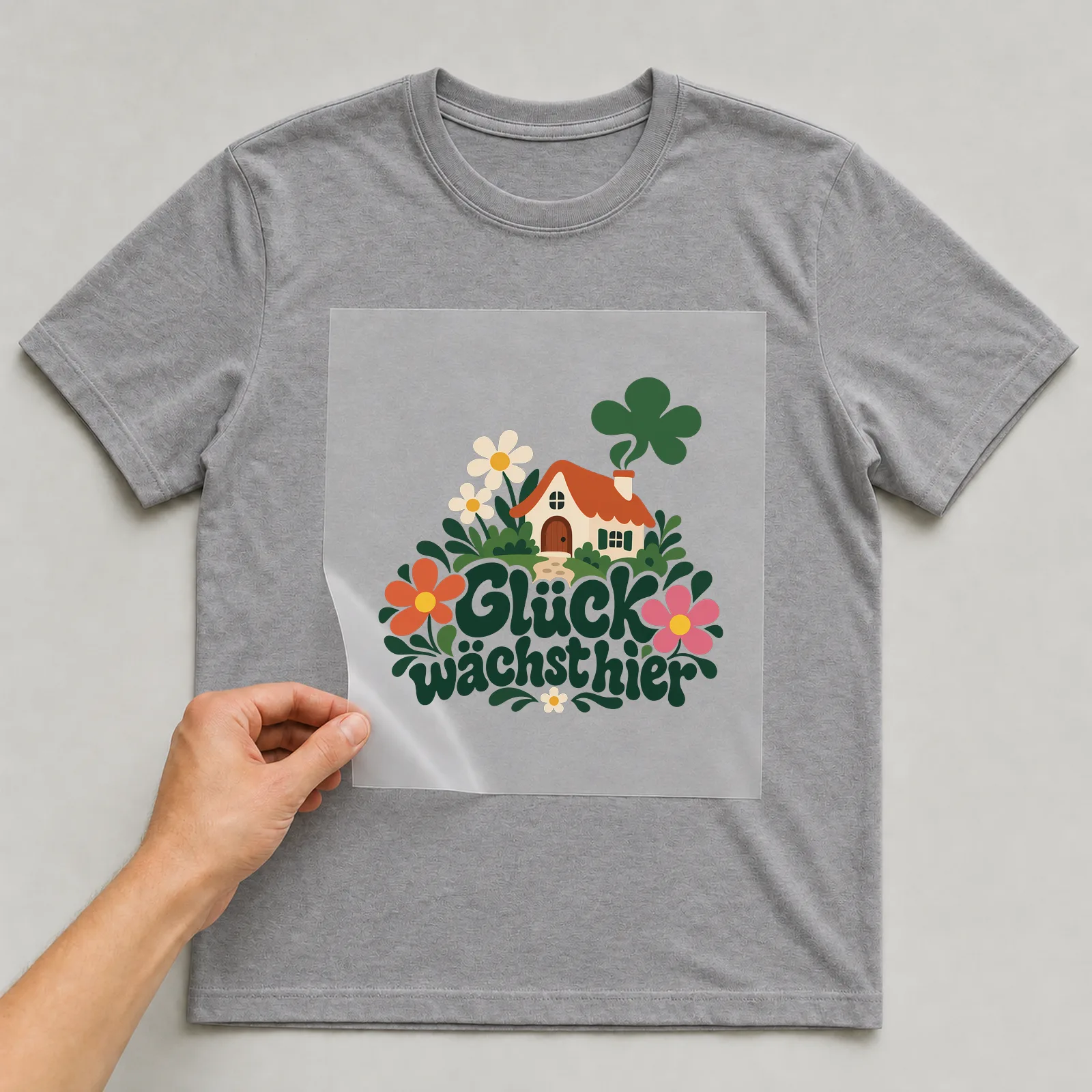 Bügelbild „Glück wächst hier“ auf grauem T-Shirt, Folie wird aufgelegt