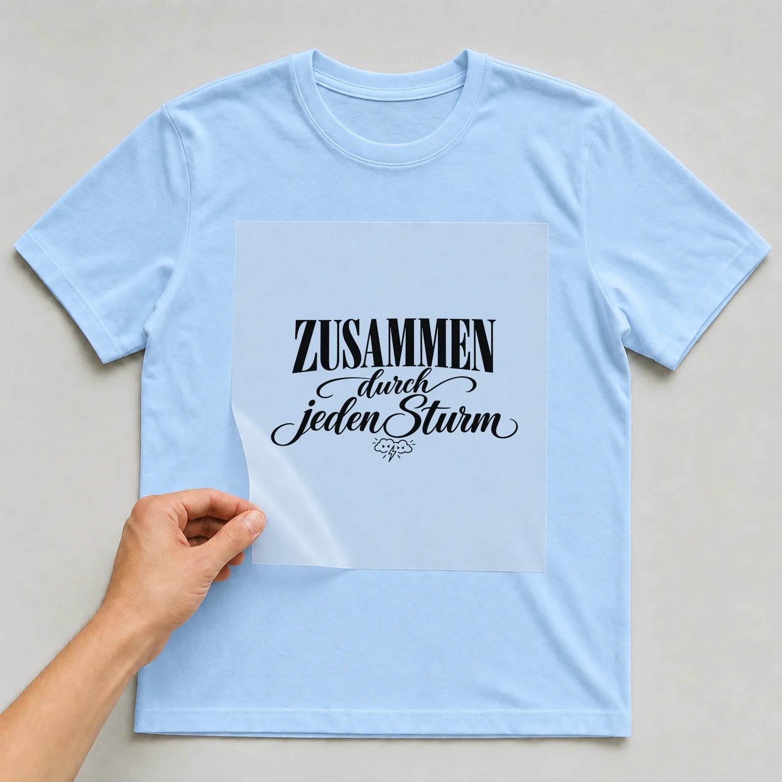 Bügelbild „Zusammen durch jeden Sturm“ auf hellblauem T-Shirt, Folie wird aufgelegt