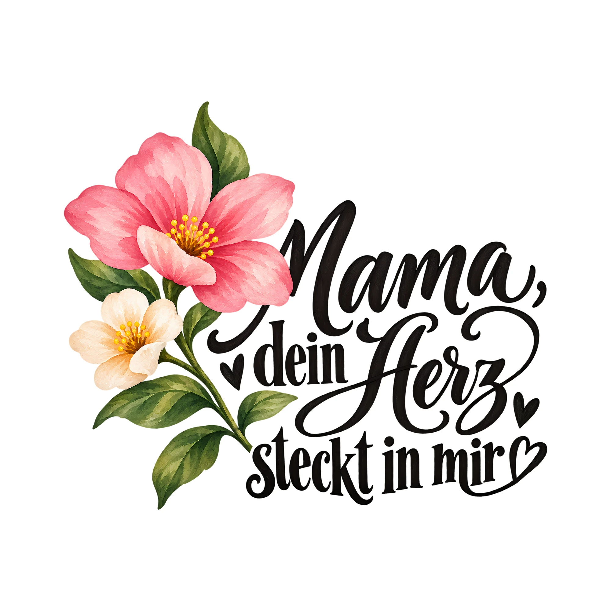 Bügelbild Mama, dein Herz steckt in mir als Grafik auf weißem Hintergrund (BB012412)