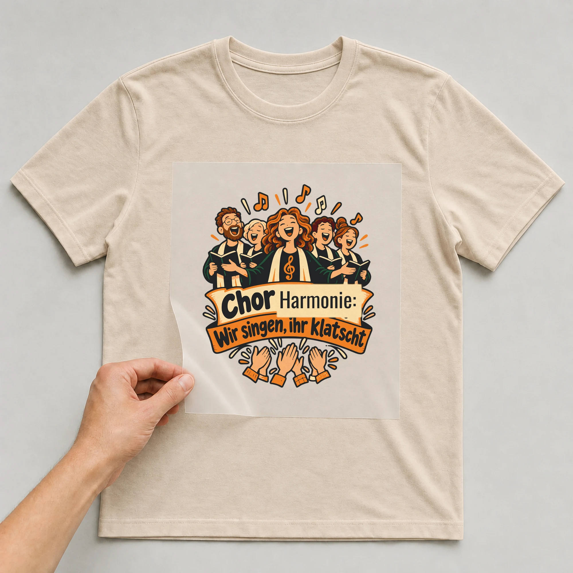 Bügelbild Chor: Wir singen, ihr klatscht mit Name auf beigem T-Shirt, Folie wird aufgelegt