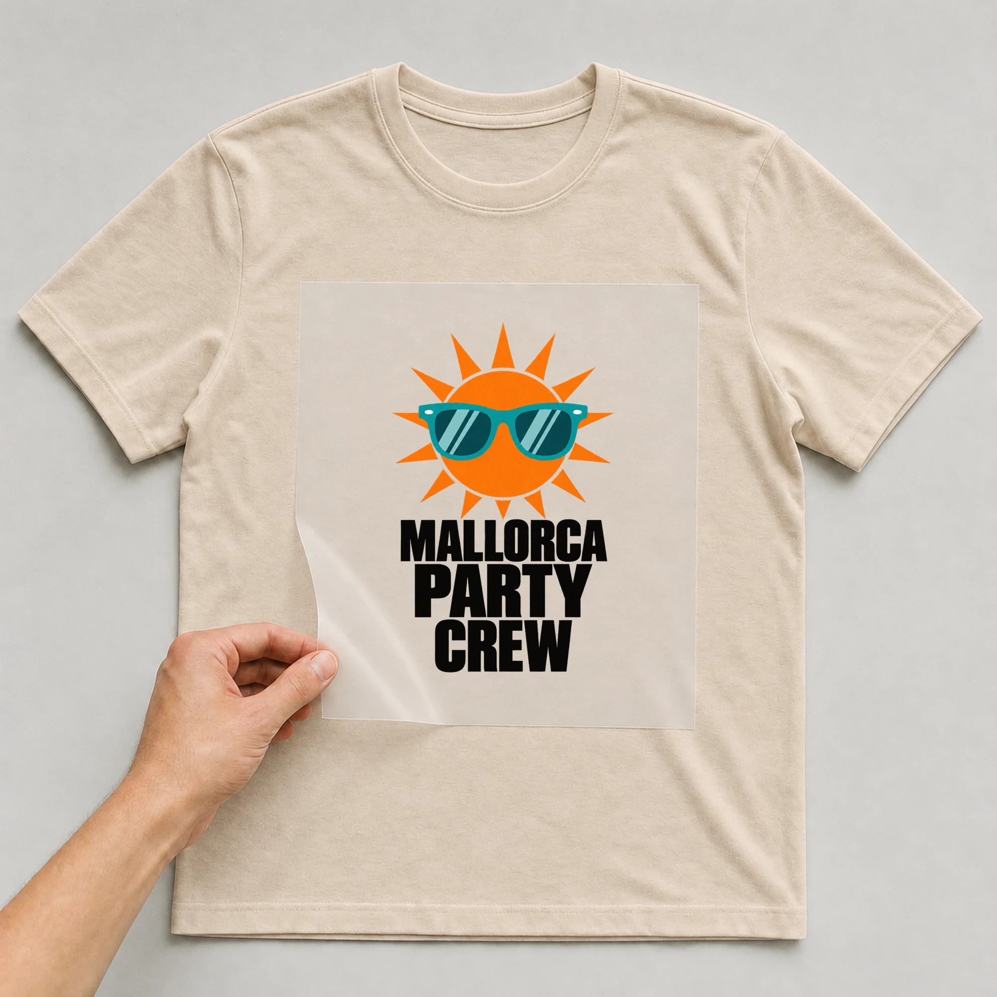 Bügelbild „Mallorca Party Crew“ auf beigem T-Shirt, Folie wird aufgelegt
