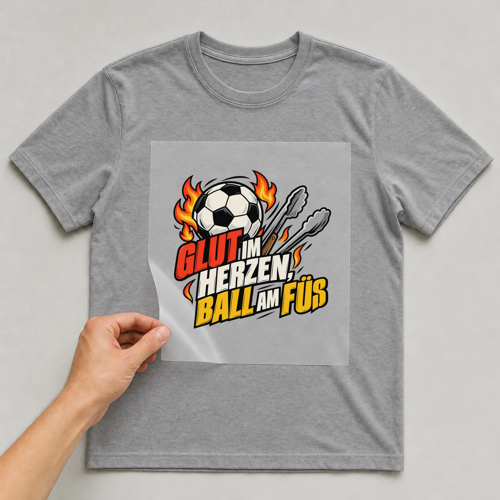 Bügelbild „Glut im herzen, Ball am Fuß“ auf grauem T-Shirt, Folie wird aufgelegt