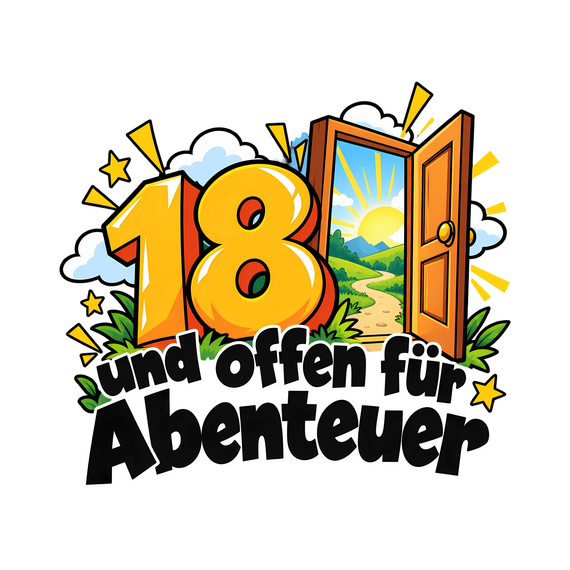 Bügelbild 18 und offen für Abenteuer als Grafik auf weißem Hintergrund (BB012603)