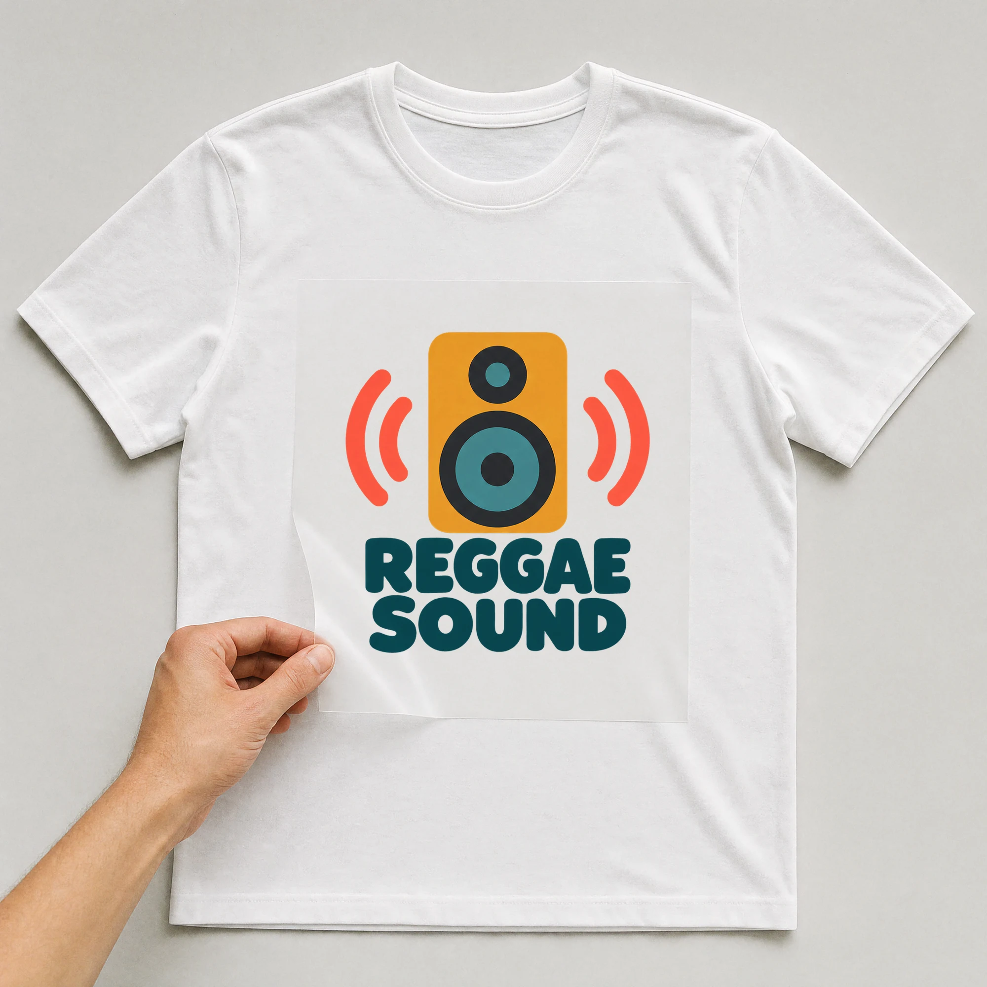 Bügelbild „REGGAE SOUND“ auf weißem T-Shirt, Folie wird aufgelegt