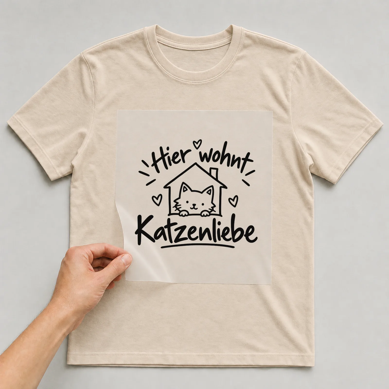 Bügelbild „Hier wohnt Katzenliebe“ auf beigem T-Shirt, Folie wird aufgelegt
