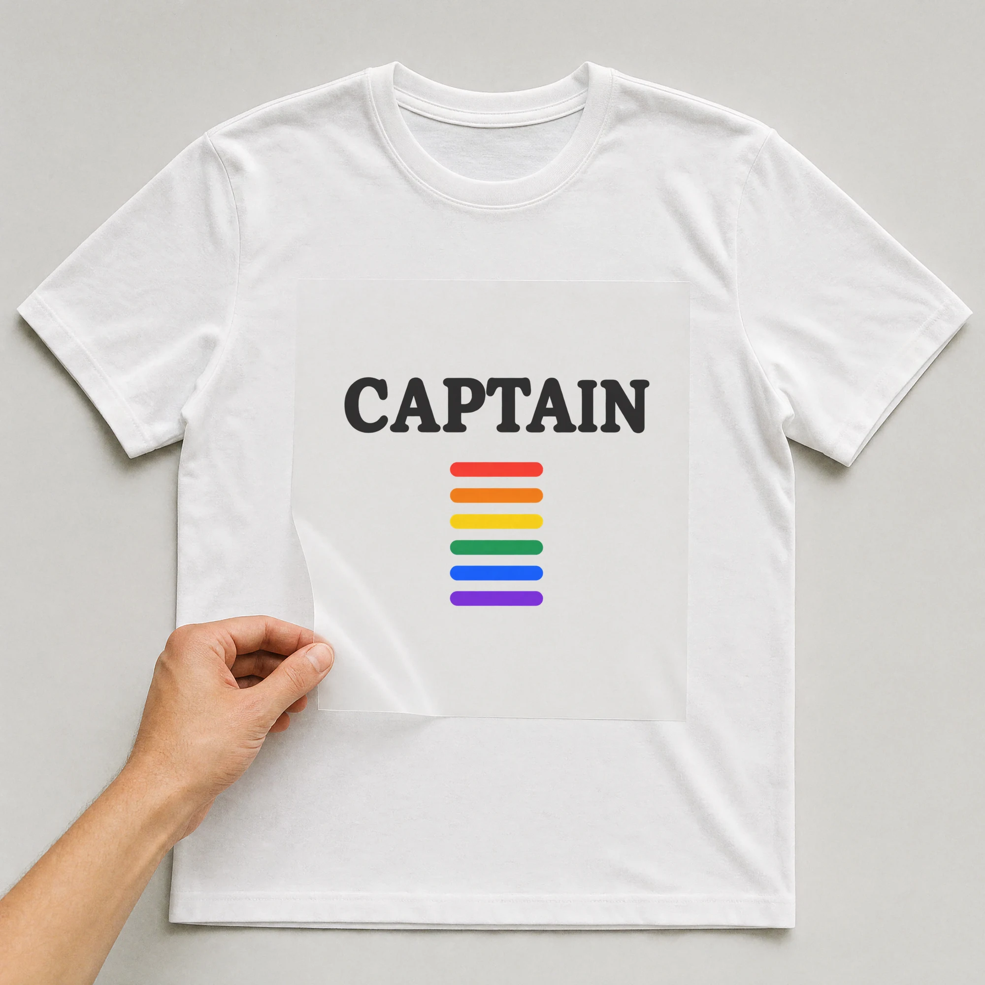Bügelbild „CAPTAIN“ auf weißem T-Shirt, Folie wird aufgelegt