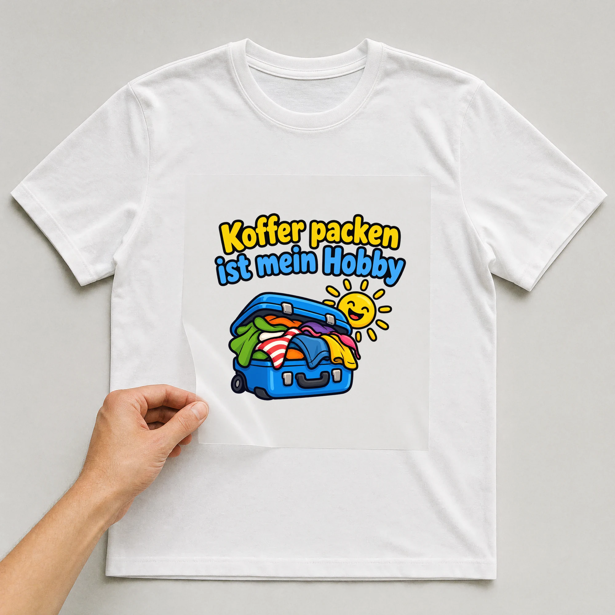 Bügelbild „Koffer packen ist mein Hobby“ auf weißem T-Shirt, Folie wird aufgelegt