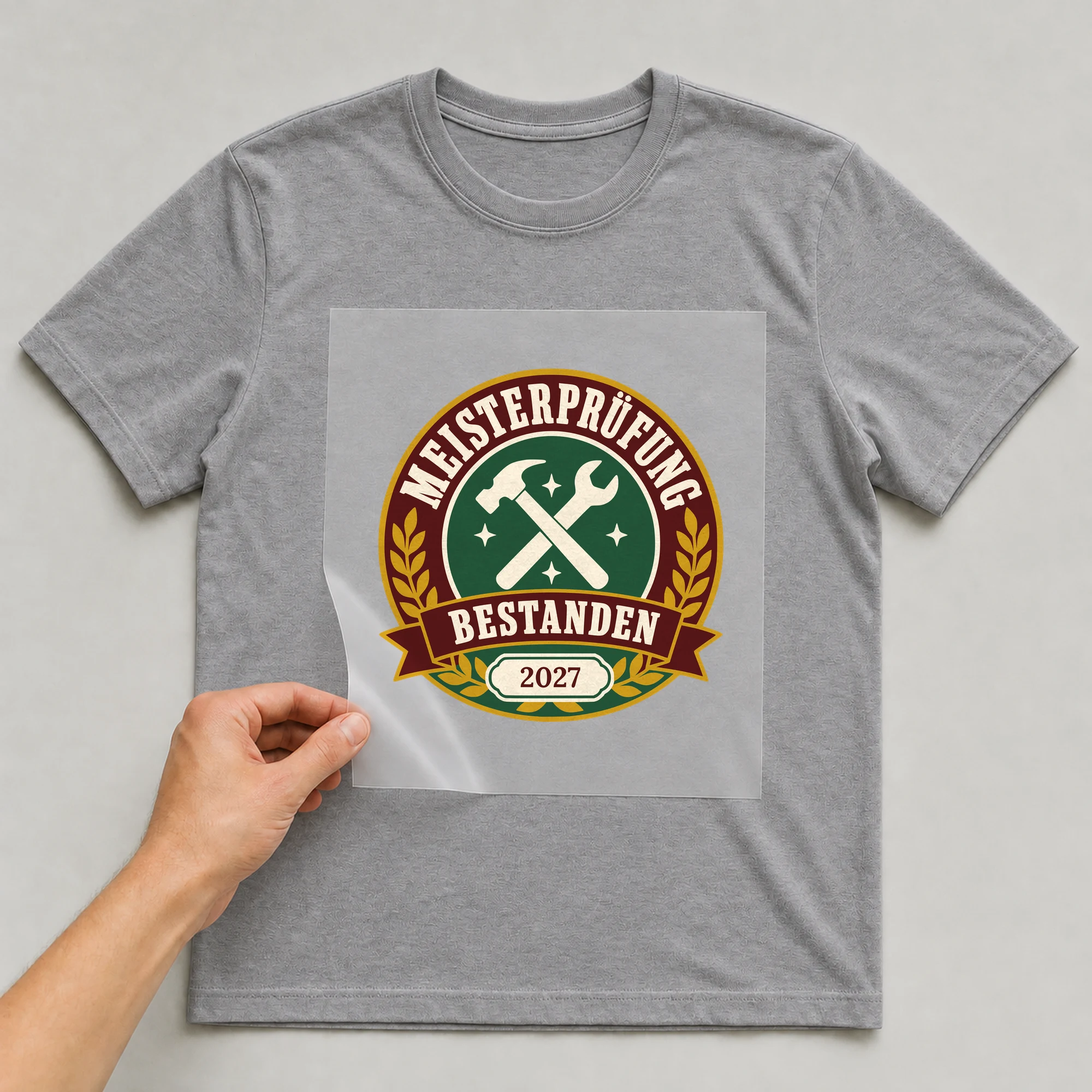 Bügelbild Meisterprüfung bestanden mit Jahr auf grauem T-Shirt, Folie wird aufgelegt