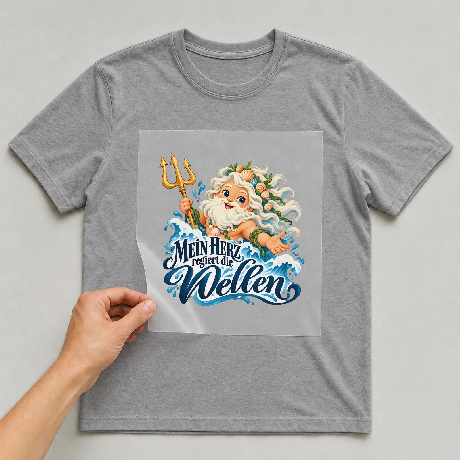 Bügelbild „Mein Herz regiert die Wellen“ auf grauem T-Shirt, Folie wird aufgelegt