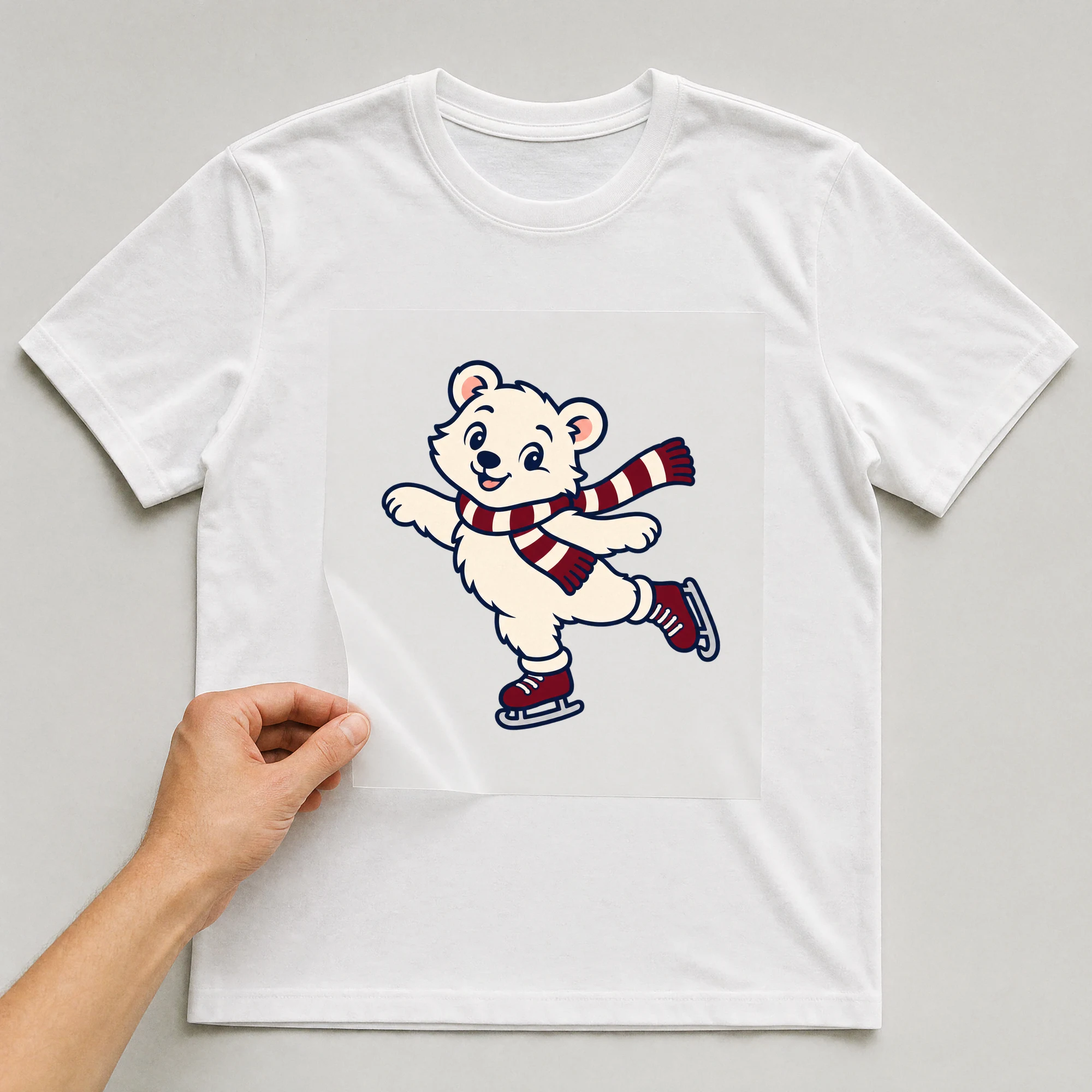 Bügelbild „BB021141-motiv-r03644“ auf weißem T-Shirt, Folie wird aufgelegt