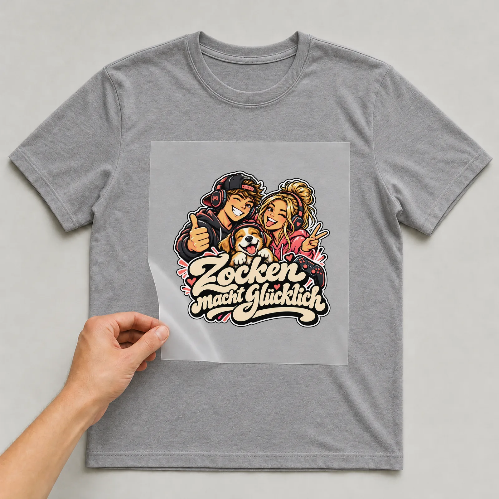 Bügelbild „Zocken macht glücklich“ auf grauem T-Shirt, Folie wird aufgelegt